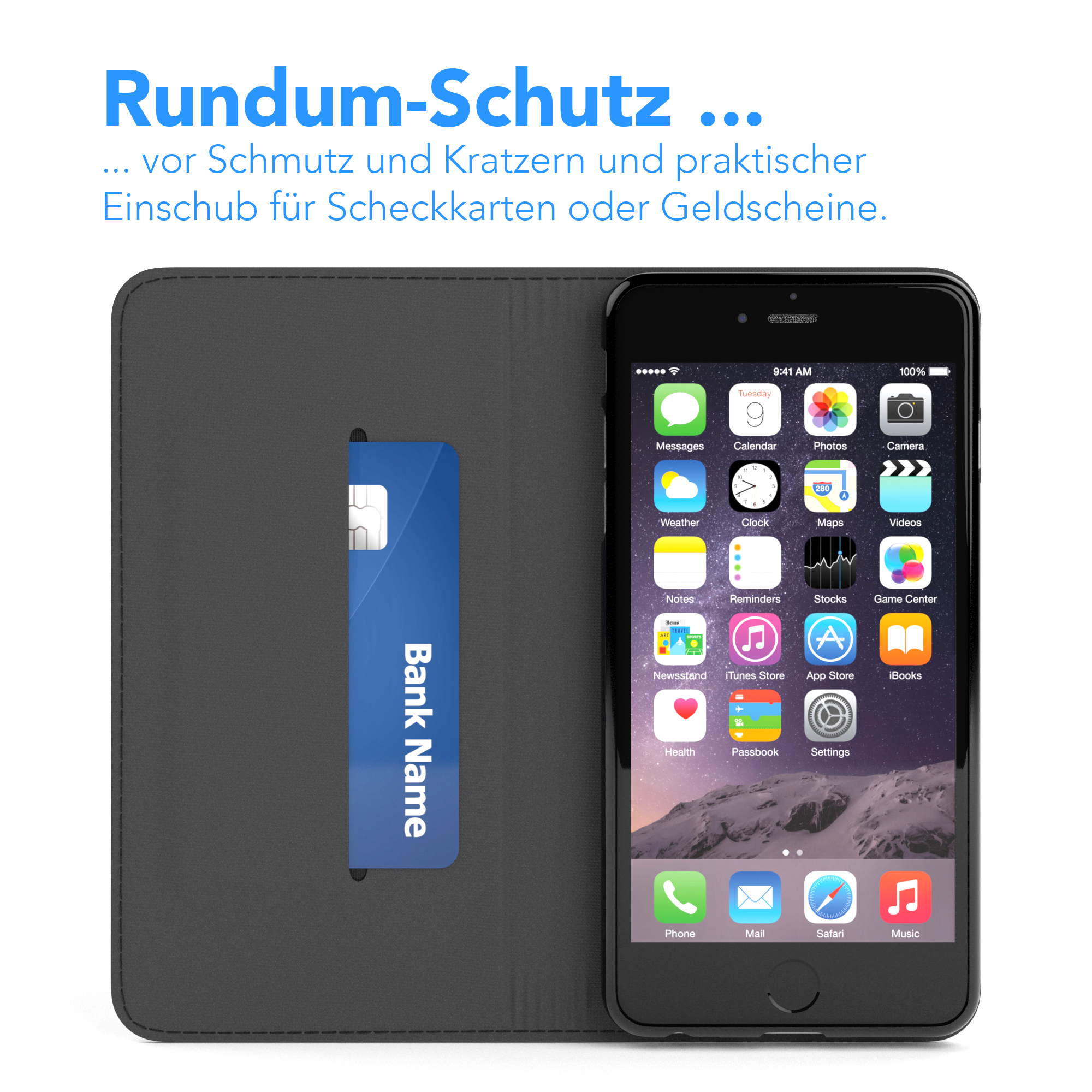 Schwarze Handyhülle offen, mit einer blauen Kreditkarte sichtbar. Telefon zeigt App-Symbole. Text: Rundum-Schutz.