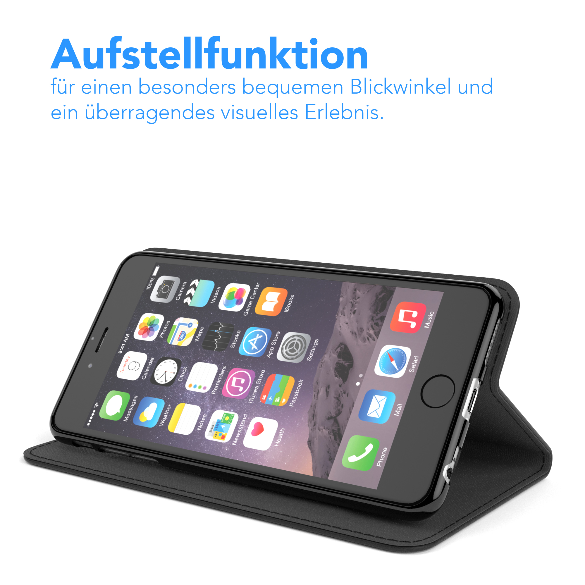 Telefon in einer schwarzen Hülle, die aufrecht steht. Die Hülle ist offen und zeigt den Bildschirm eines Telefons.