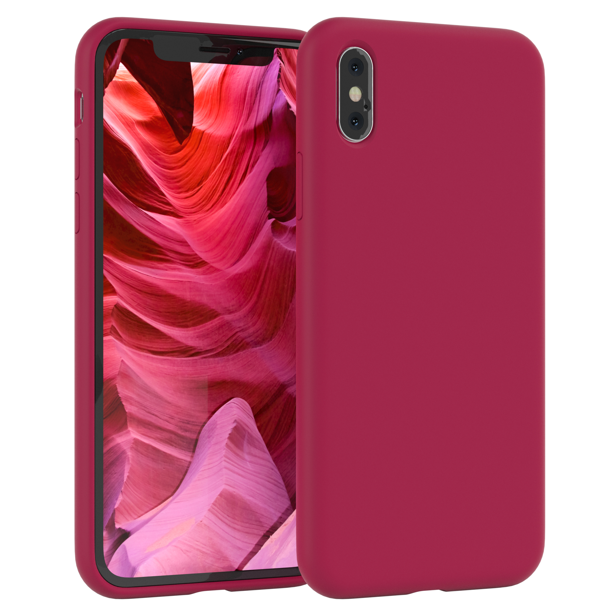 Weinrote Handyhülle und Telefon. Das Telefon zeigt eine rote Canyon-Szene.