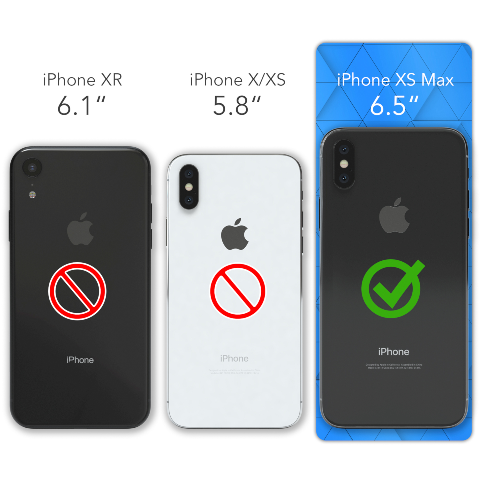 Vergleich von iPhone-Modellen. XR, X/XS und XS Max. Nur XS Max ist kompatibel.