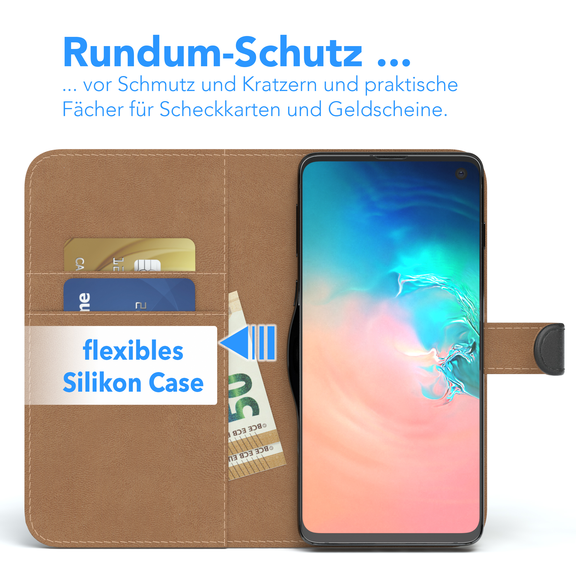 Telefon in brauner Hülle mit Kartenfächern und Geldschein. Text 'flexibles Silikon Case' und 'Rundum-Schutz'.