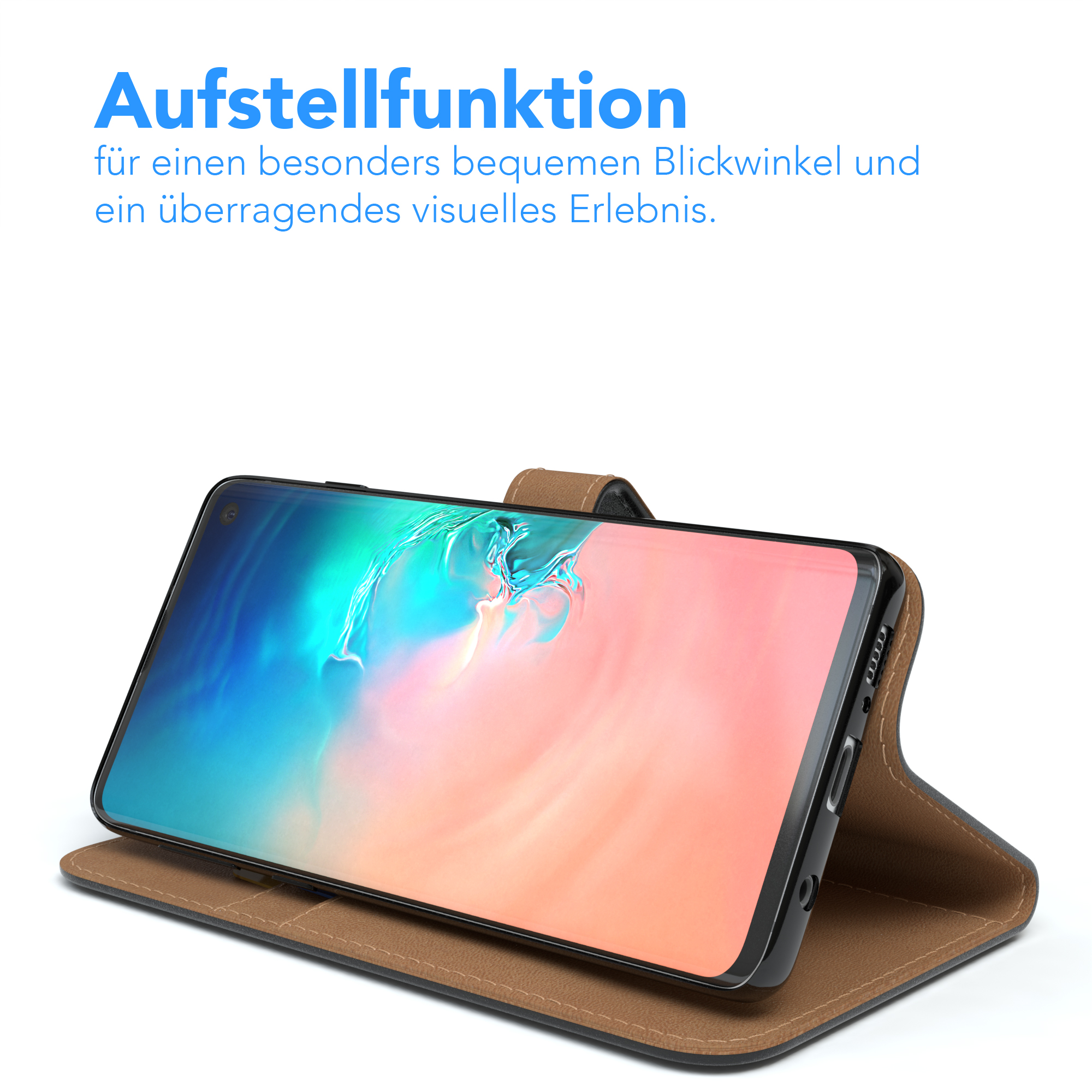 Telefon in brauner Hülle, angewinkelt, mit blau-lila Display.