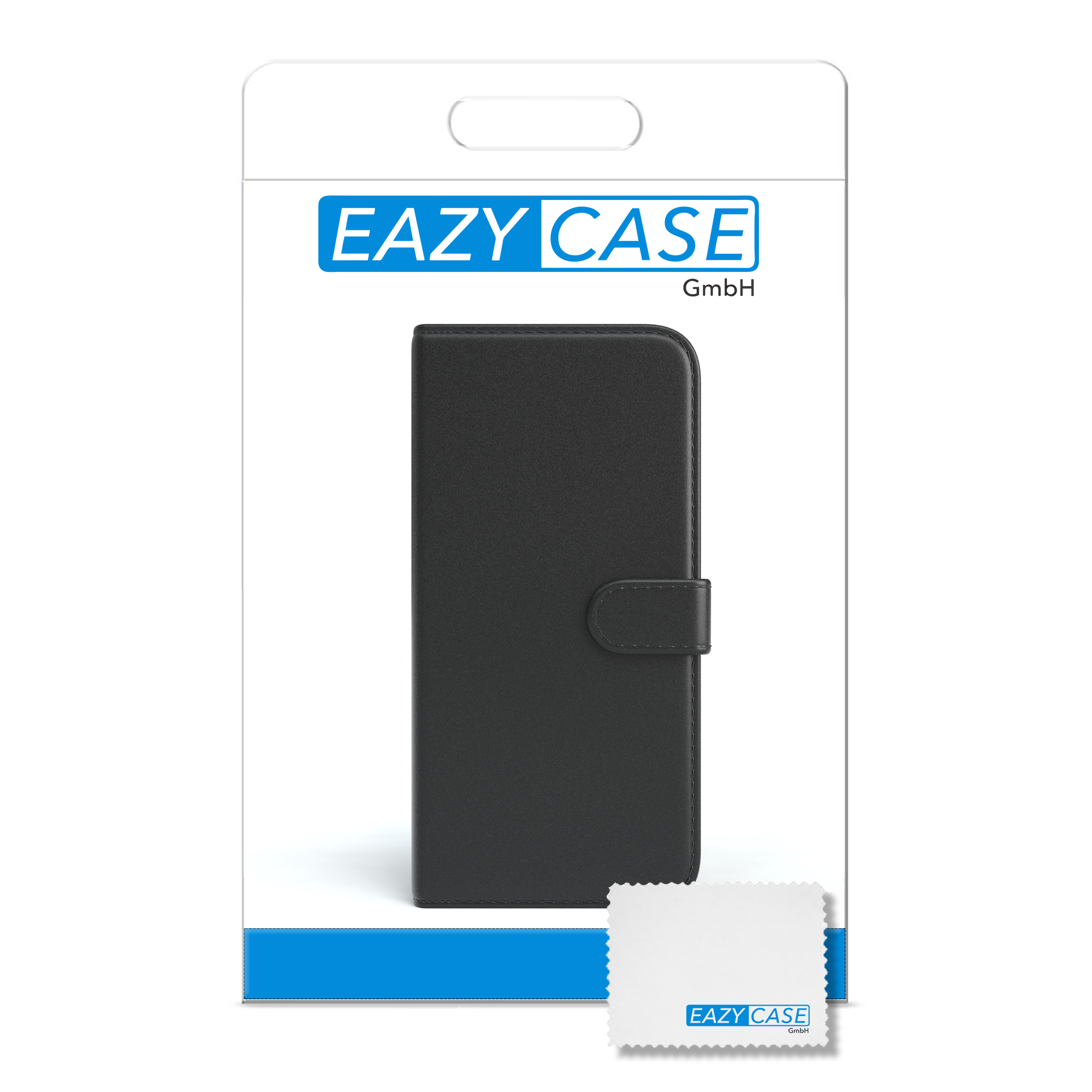 Eine schwarze Handyhülle in Verpackung mit dem EAZY CASE Logo und einem Reinigungstuch.