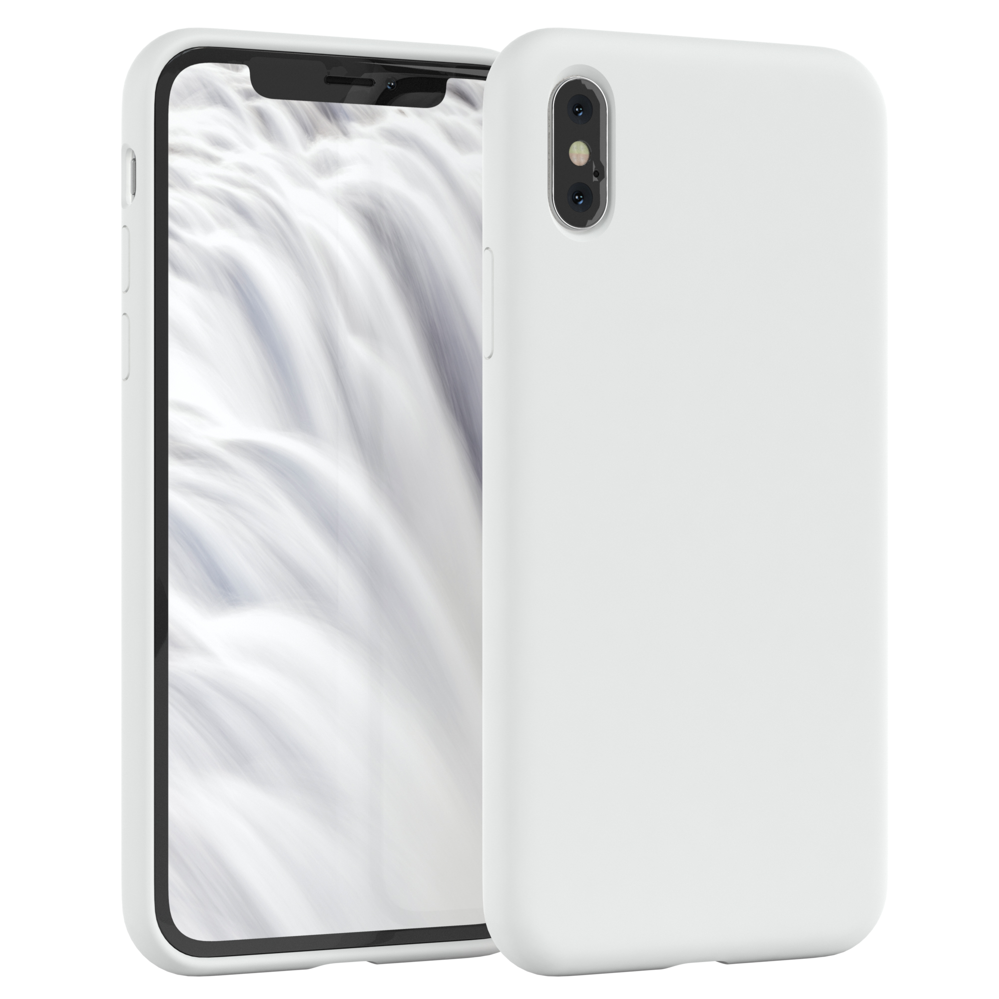 Weiße Handyhülle mit Telefon. Das Telefon hat eine Kamera und die Hülle ist weiß.