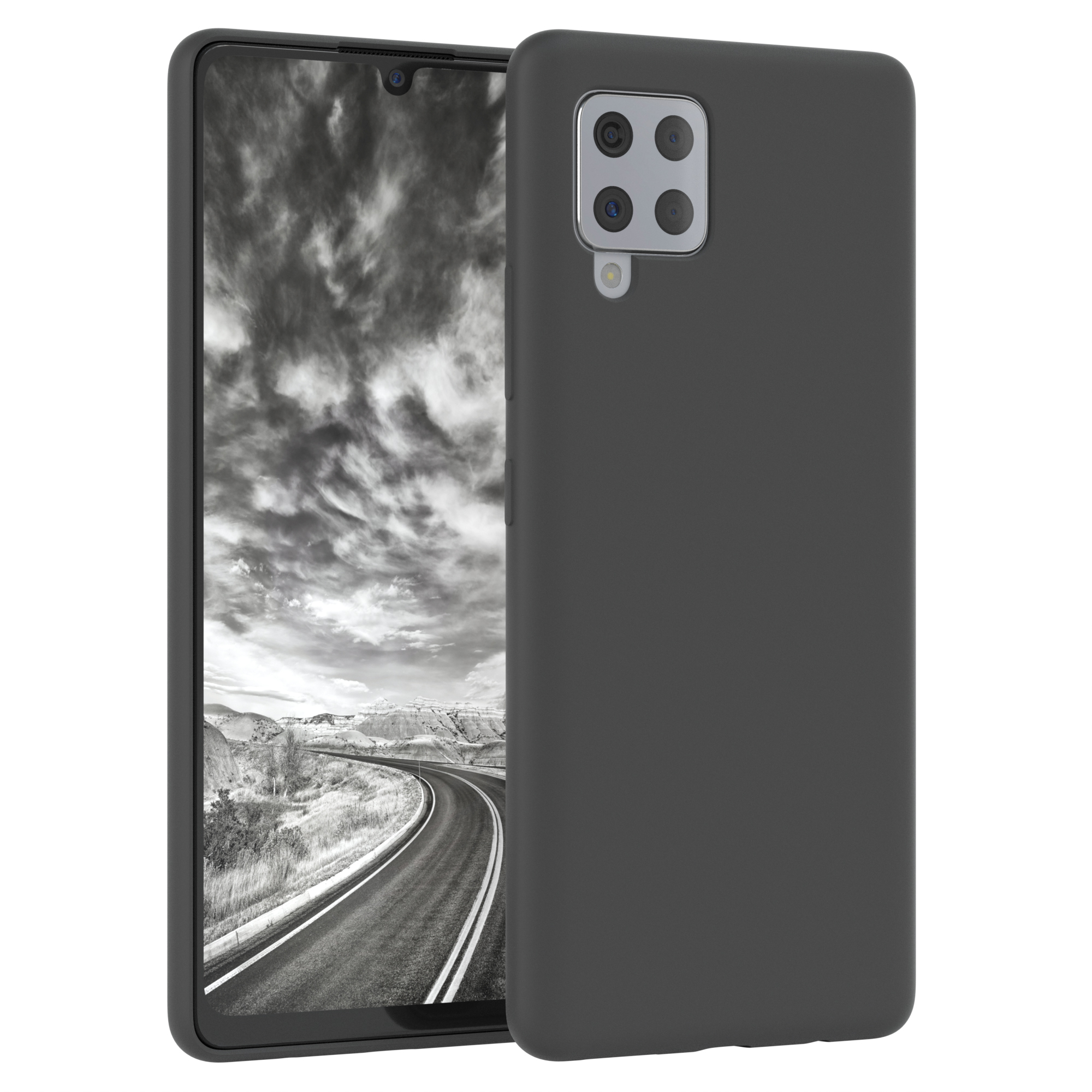Ein schwarzes Telefon in einer Hülle. Das Telefon zeigt eine Landschaft.