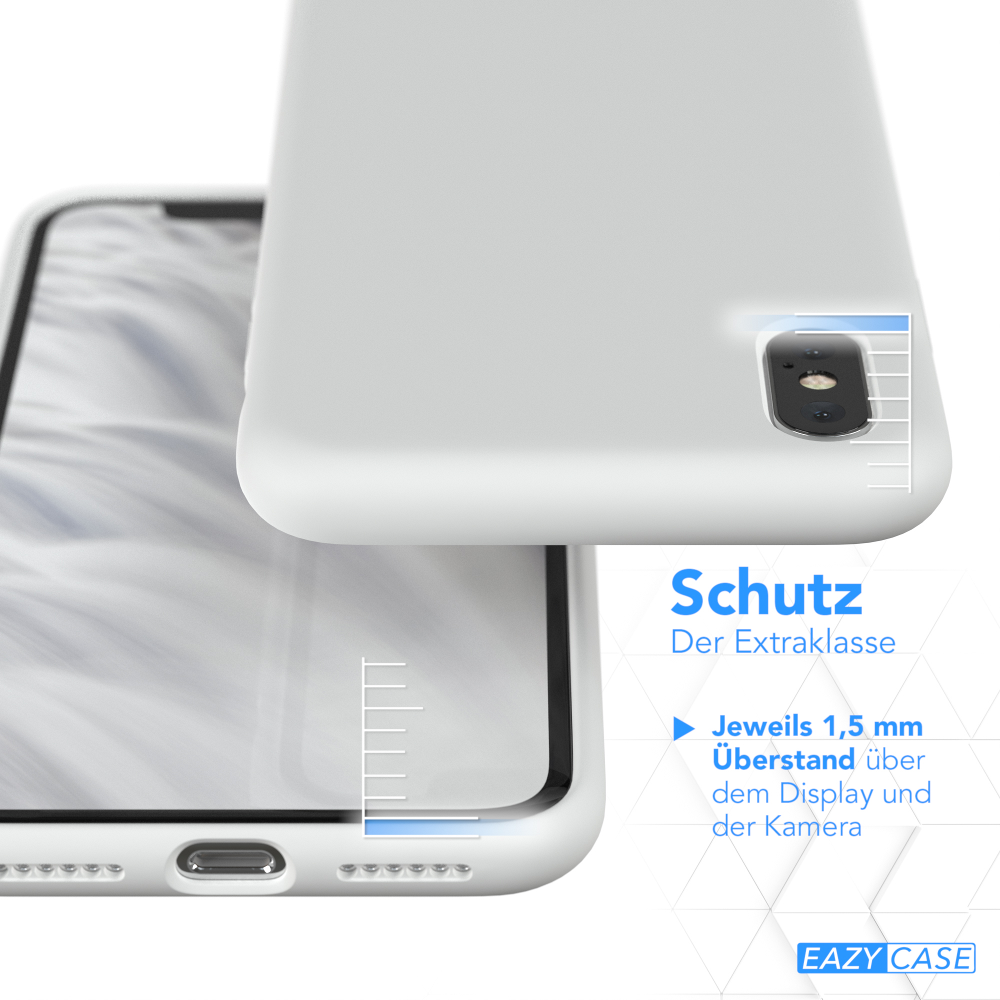 Weiße Handyhülle, Detail zeigt 1,5 mm Abstand über Kamera und Bildschirm.