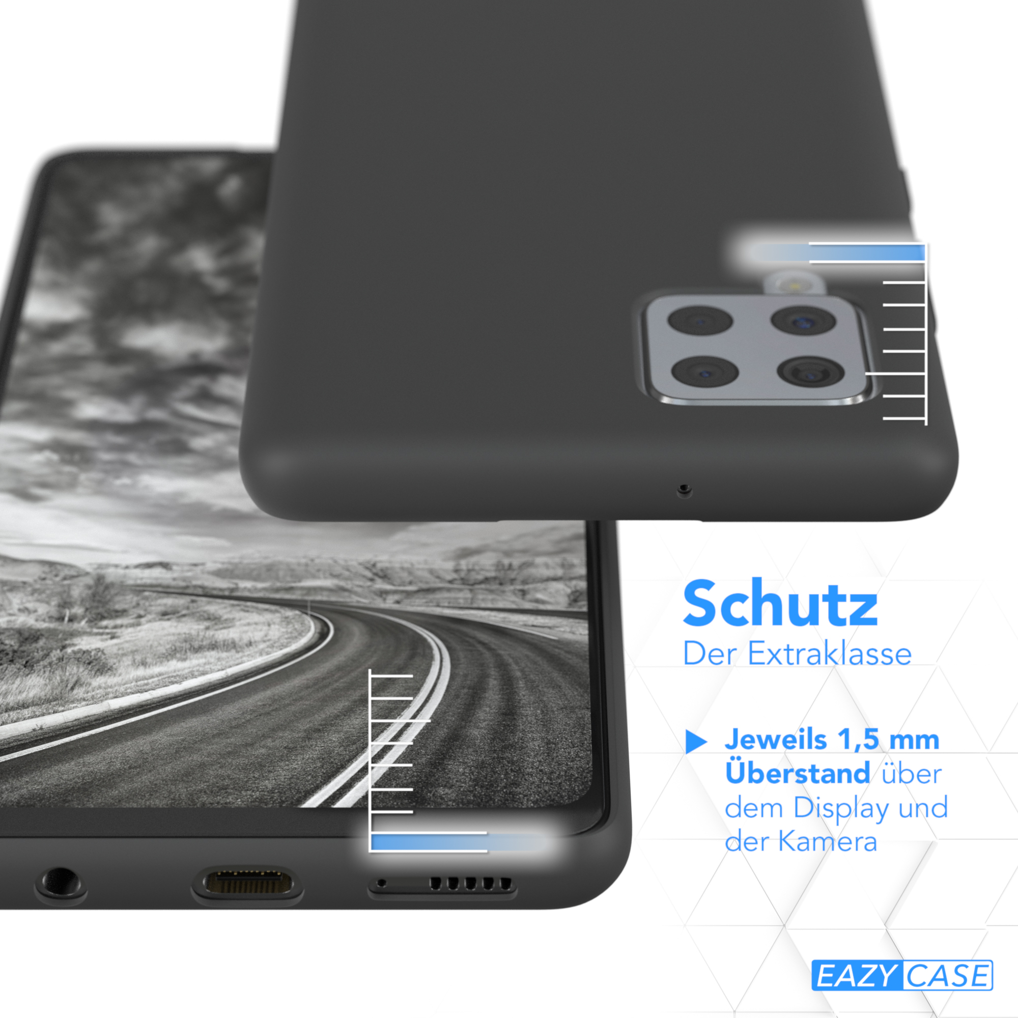 Schwarze Handyhülle mit Schutz-Overlay auf einem Telefon, das eine Straße zeigt.