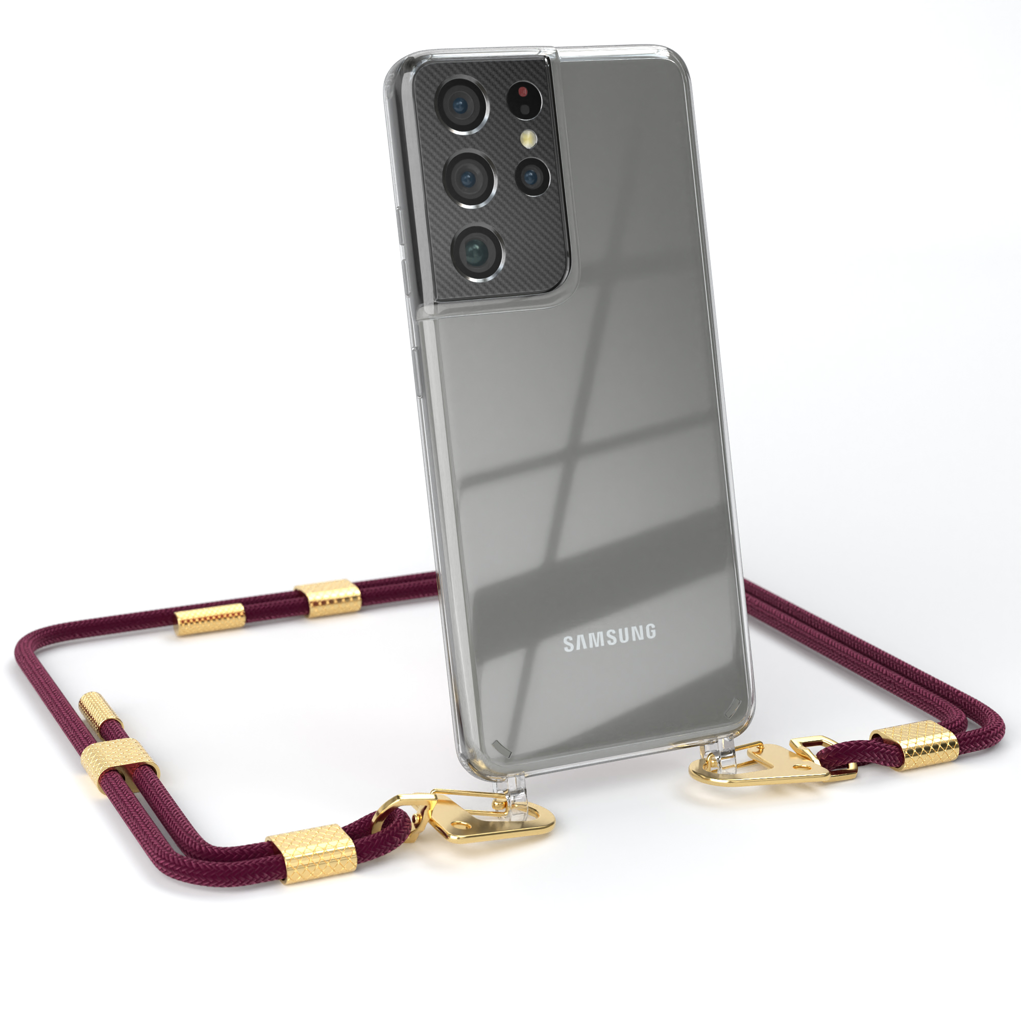 EAZY CASE Bordeaux Umhängetasche, Transparente Samsung, Gold mit S21 + Kordel Karabiner, Galaxy / Ultra 5G, Handyhülle runder