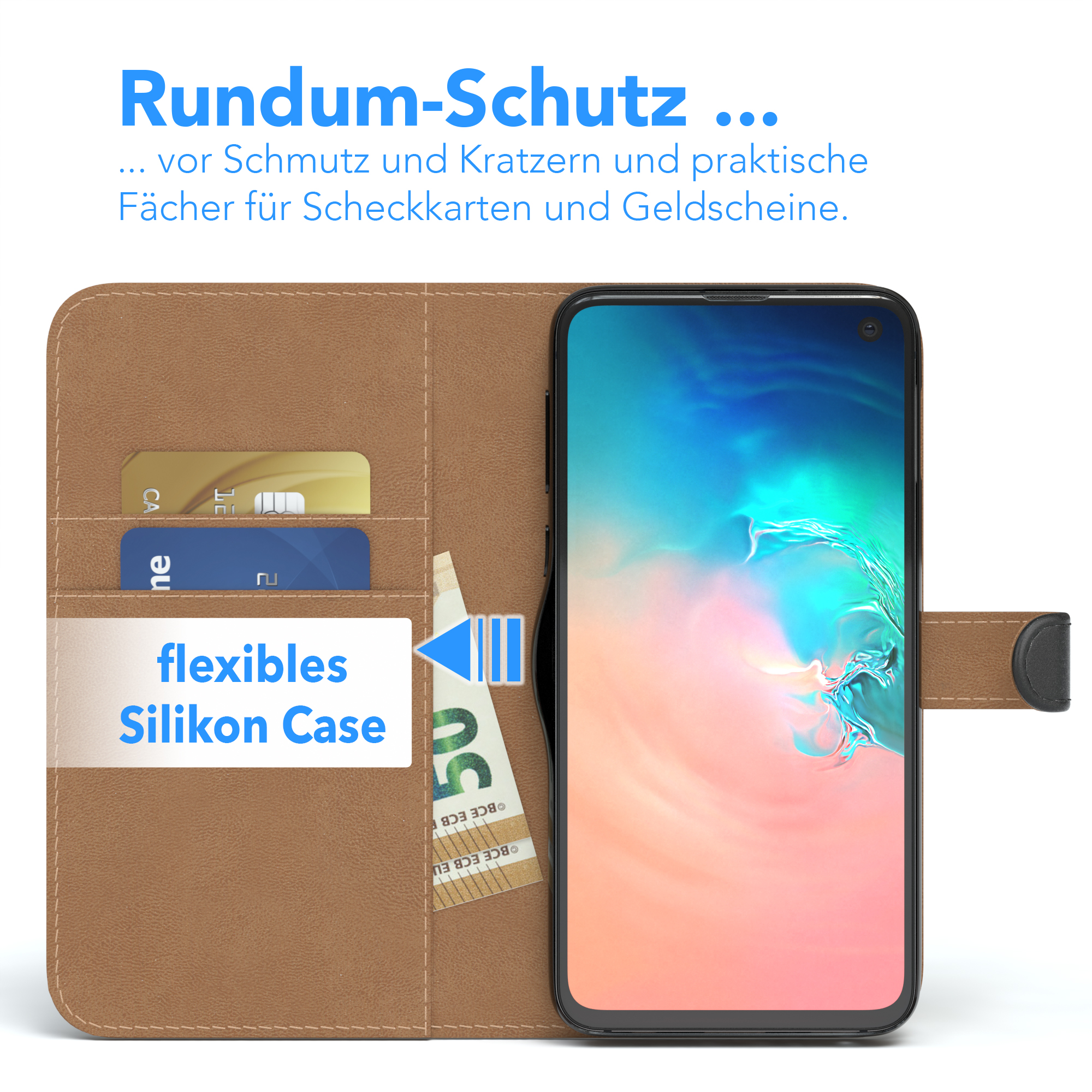 Offene Handyhülle mit Karten, Telefon und Geldschein. Text 'Rundum-Schutz'.