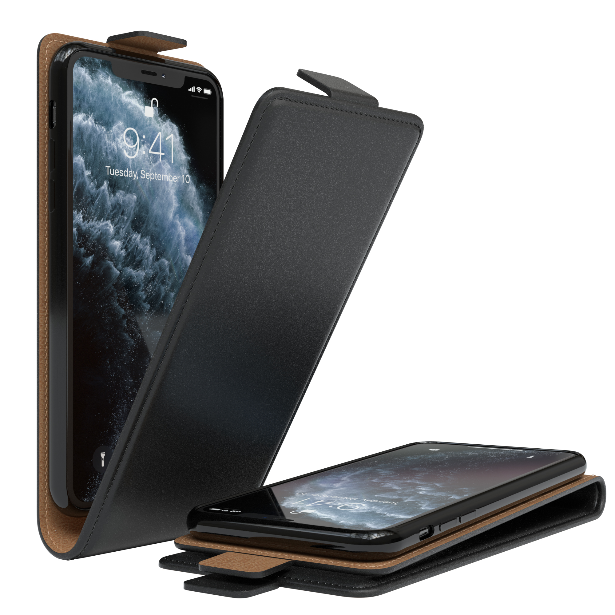Schwarze Handyhülle mit offenem Telefon, Bildschirm sichtbar.