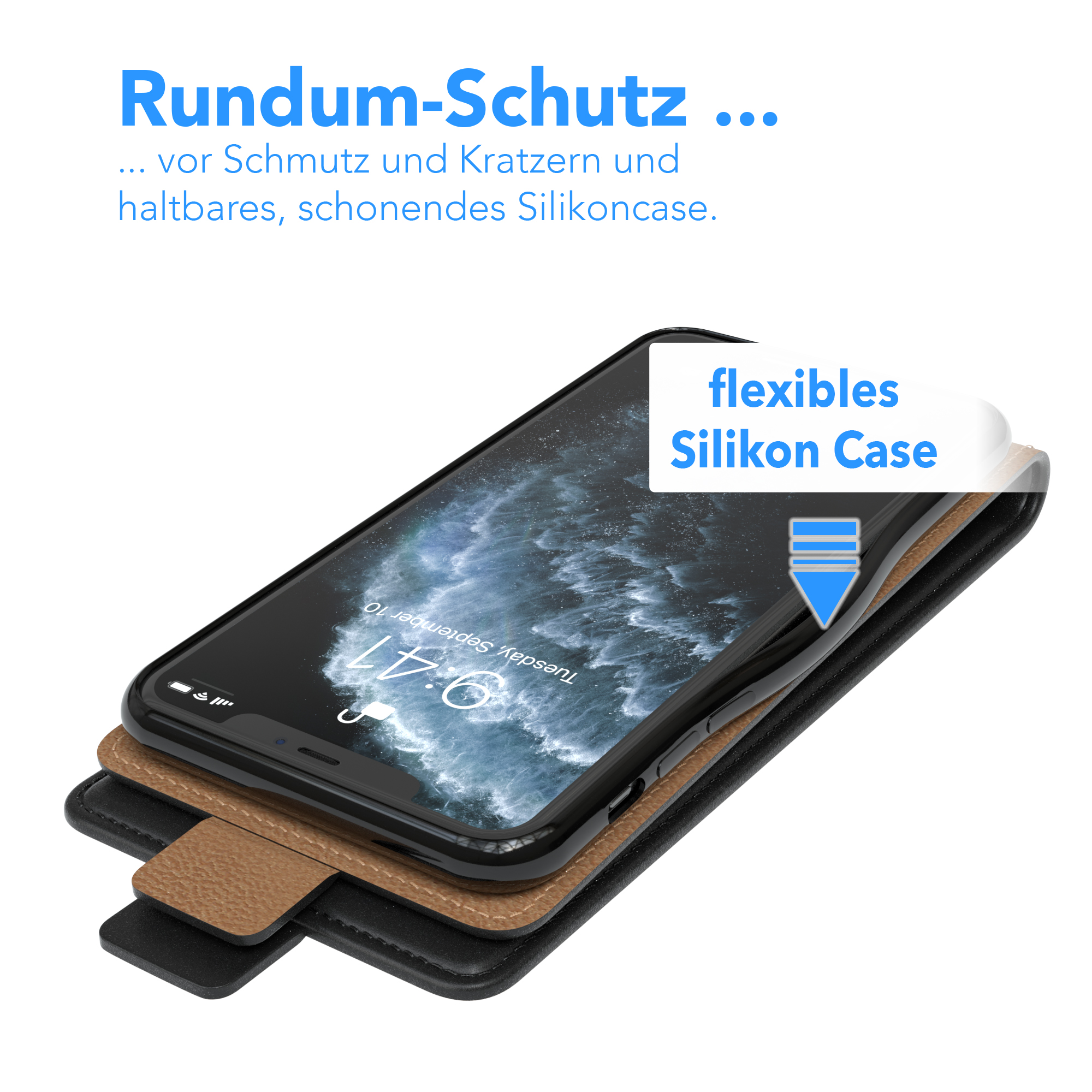 Telefon in Hülle. Schwarzer Bildschirm zeigt die Zeit. Braune Lederhülle.