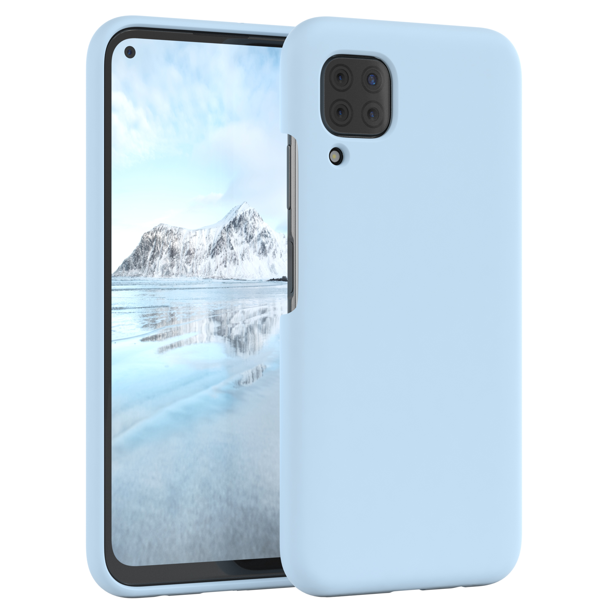 Hellblaue Handyhülle mit Telefon. Das Telefon hat einen schneebedeckten Berg-Hintergrund.