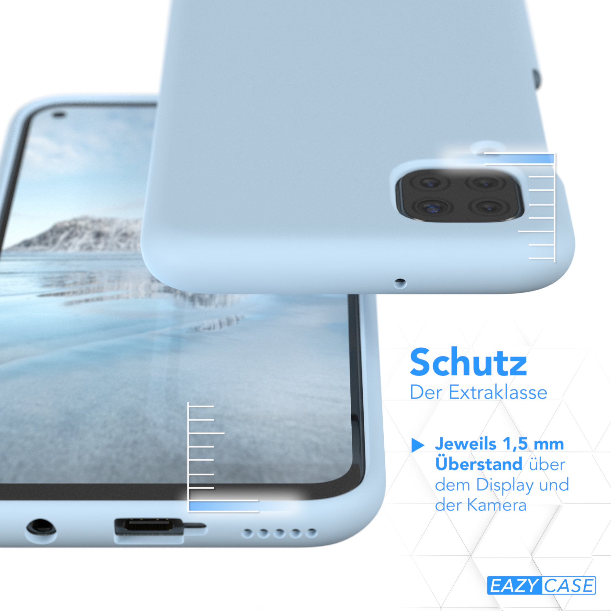Hellblaue Handyhülle und Telefon. Text rechts. Weiße Linien messen den Abstand zwischen ihnen.