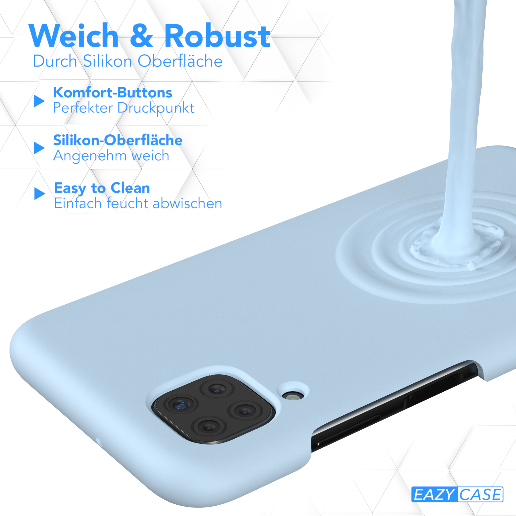Eine hellblaue Handyhülle mit Wassertropfeneffekt und einem Telefon darin.