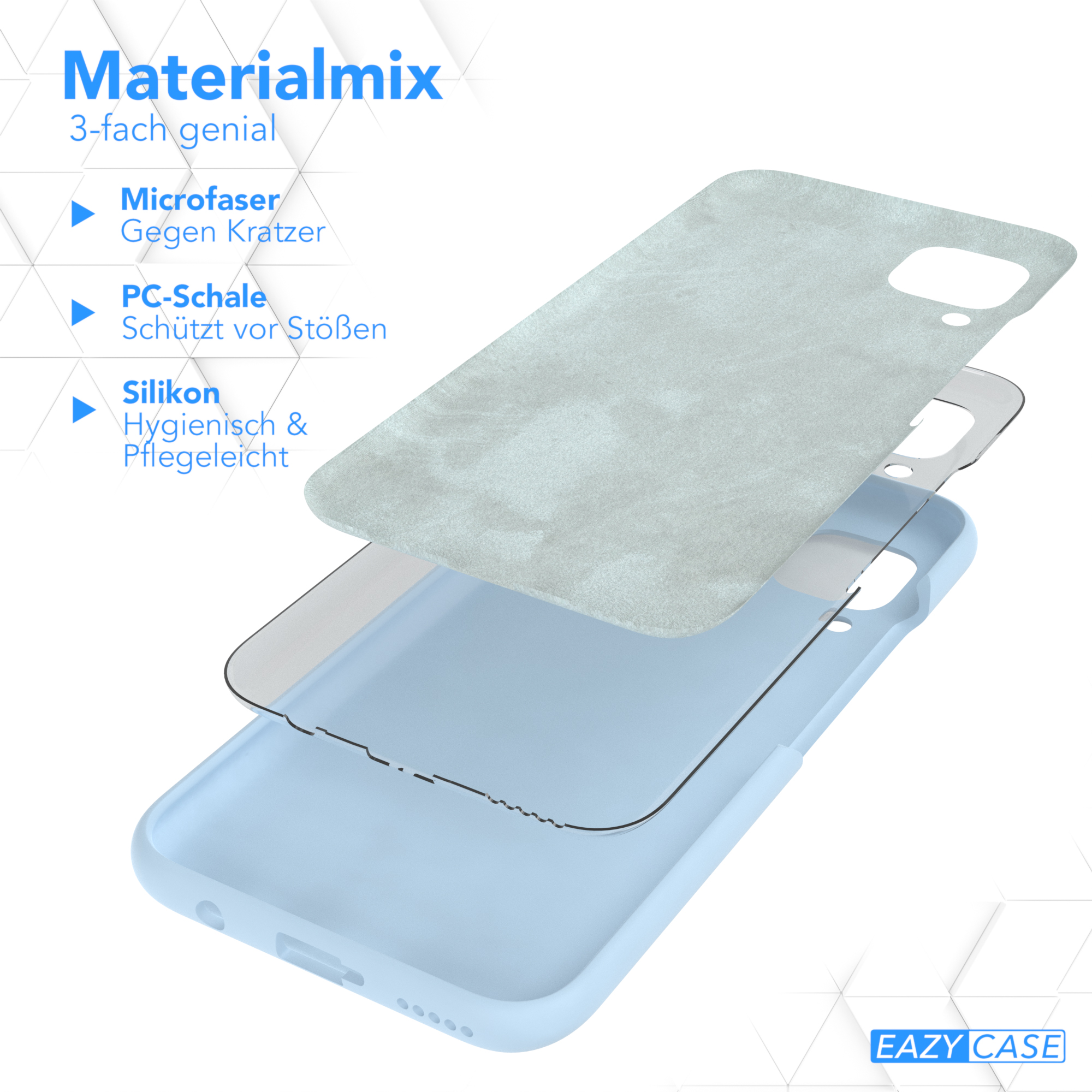 Eine Handyhülle, die die 3 Schichten zeigt: Mikrofaser, PC-Schale und Silikon, in blauer Farbe.