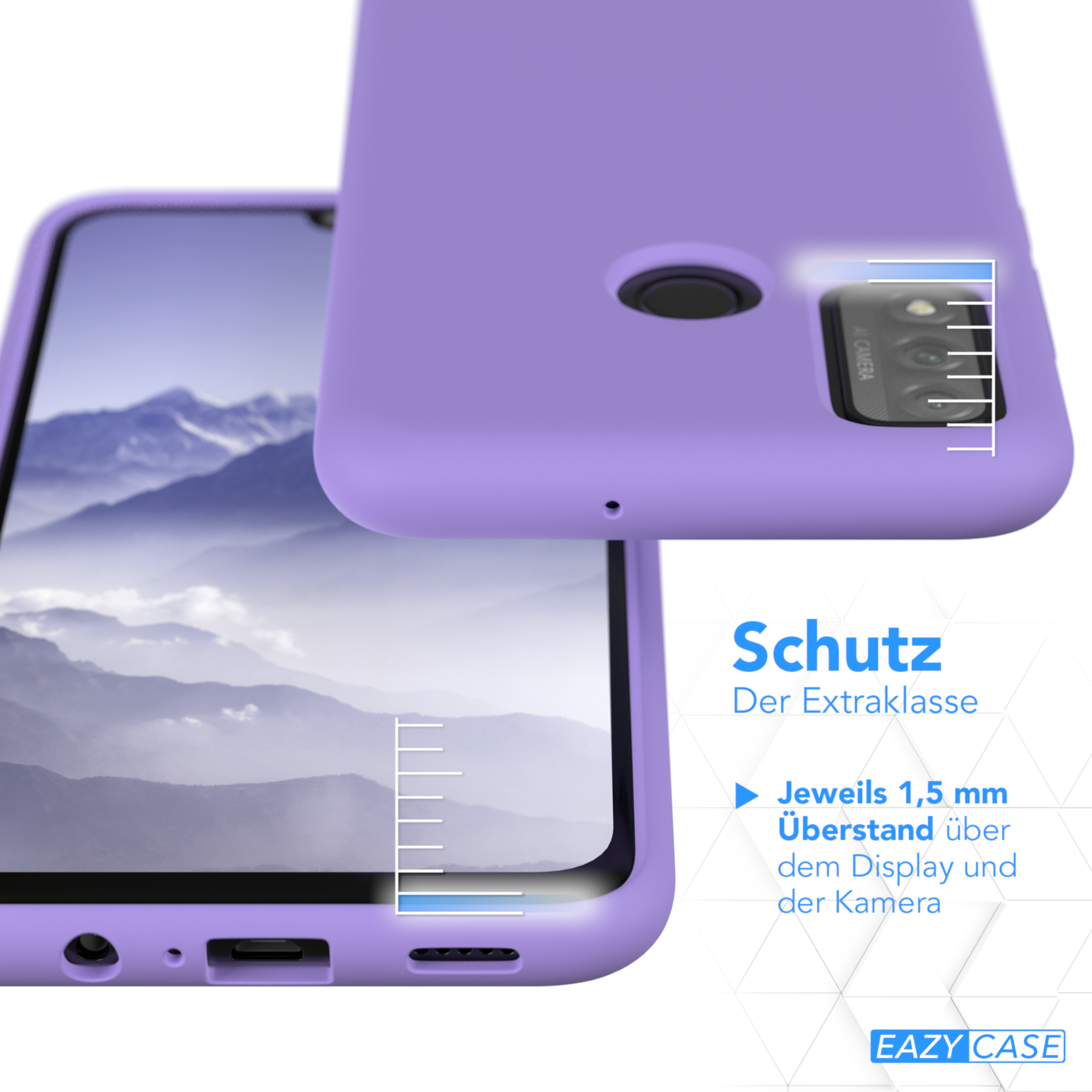 Lila Handyhülle auf einem Telefon. Die Hülle hat einen Kameraausschnitt. Text sagt extra Schutz.