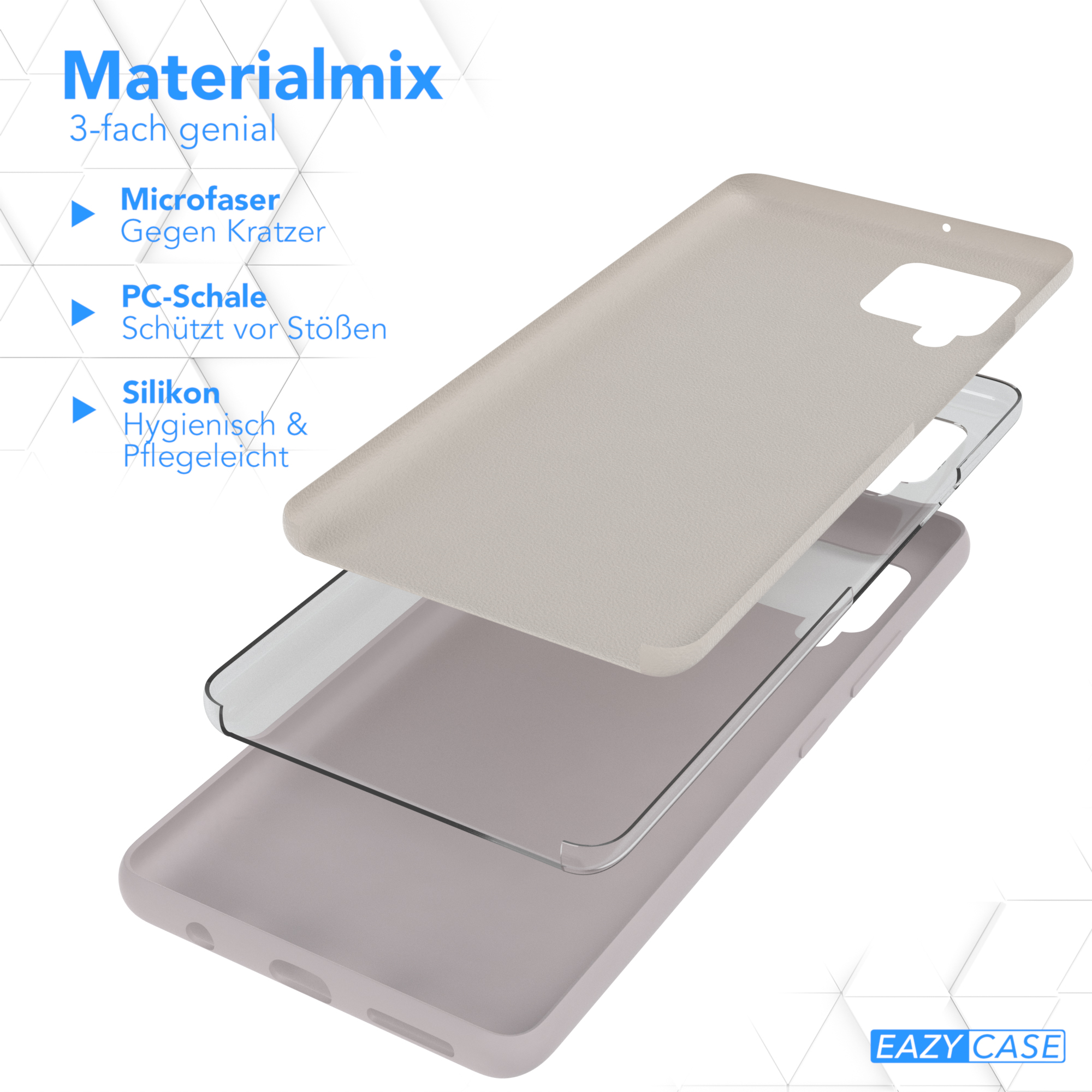 Schichten aus Handyhüllenmaterialien: Mikrofaser, PC-Schale und Silikon, mit Produkttext.