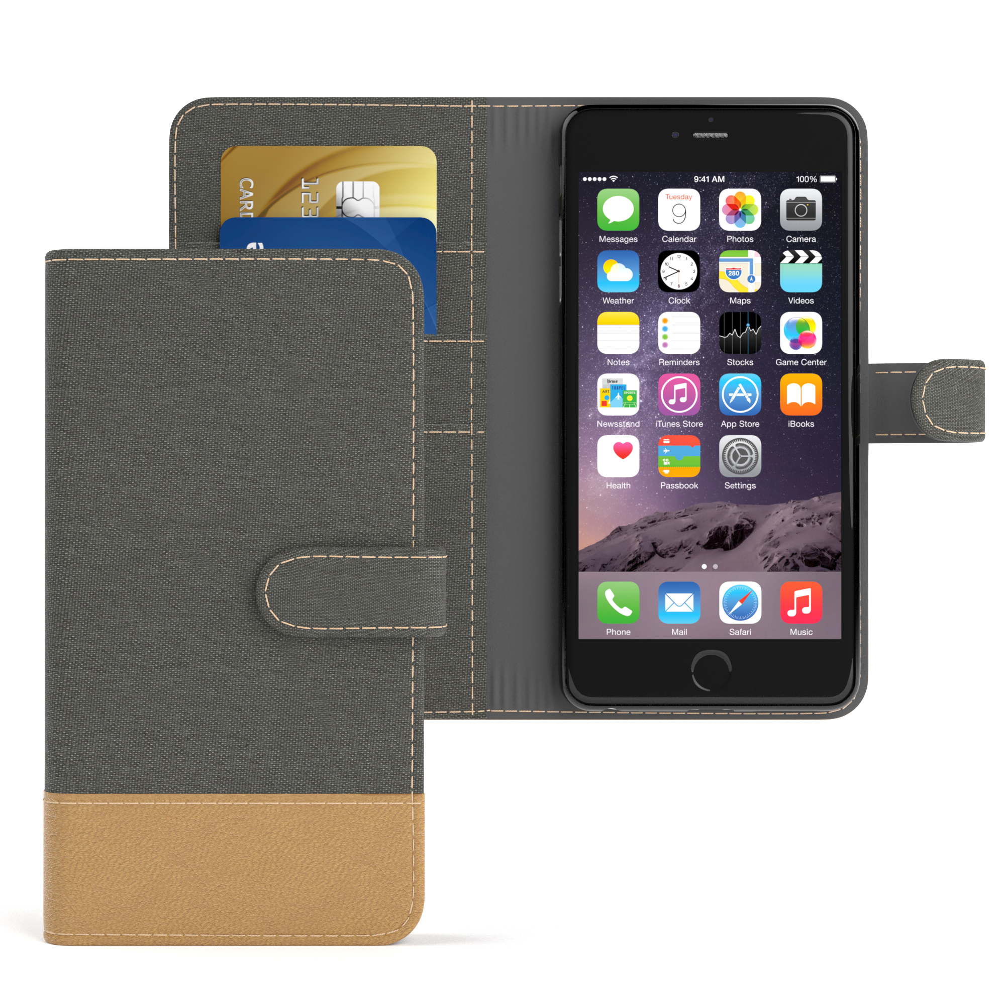 EAZY CASE Bookstyle Klapphülle Grau Plus Jeans Apple, Plus, iPhone Kartenfach, Anthrazit 6S / mit Bookcover, 6