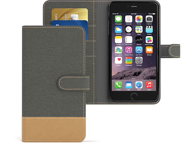 EAZY CASE Bookstyle Plus, Apple, iPhone Anthrazit Kartenfach, 6S 6 / Grau Jeans Bookcover, Klapphülle mit Plus