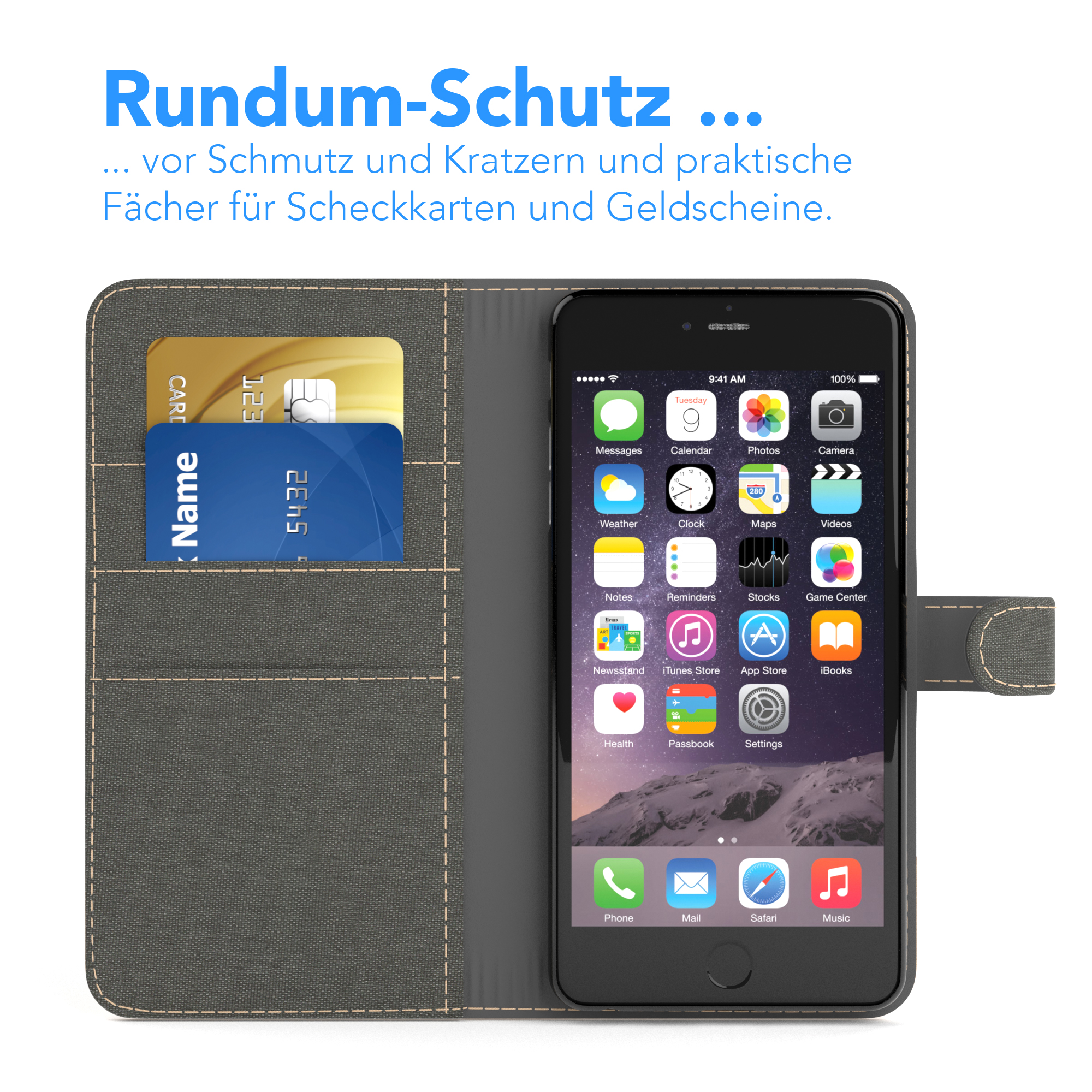 Handyhülle mit Telefon. Zwei Karten werden gezeigt. Das Telefon zeigt den Startbildschirm.