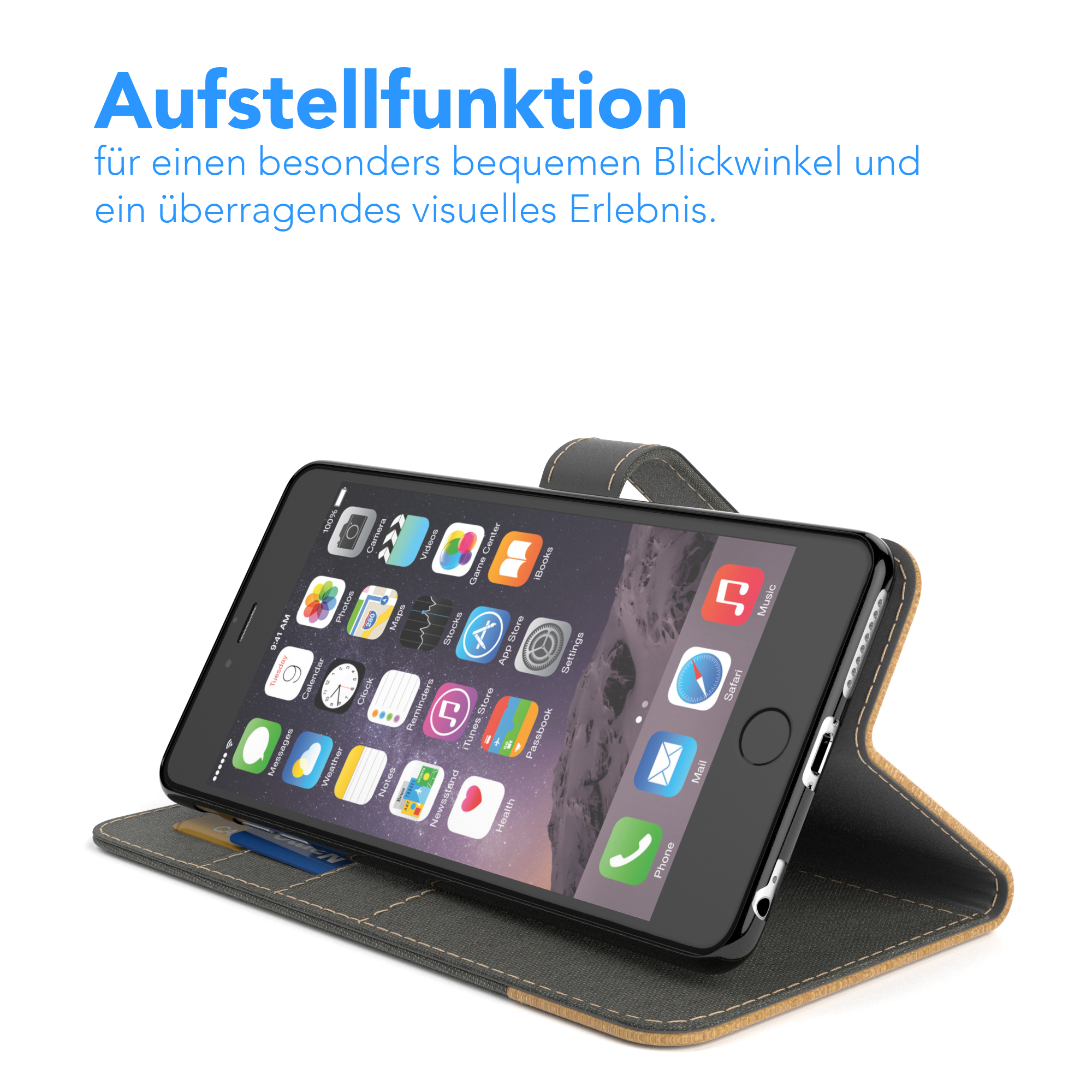 Telefon in einer Hülle, geöffnet mit App-Symbolen, zum Betrachten aufgestellt.