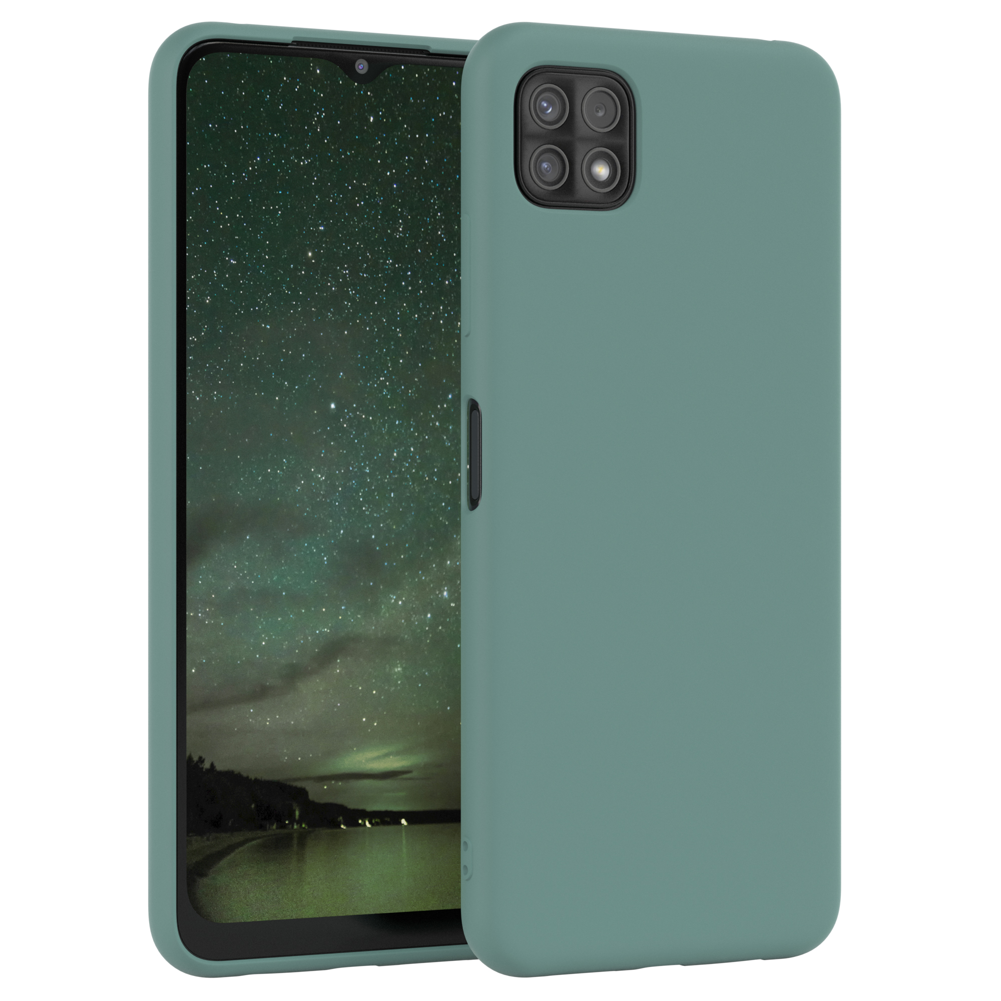 Eine tealfarbene Handyhülle mit einem Telefon, das eine Sternennachtszene zeigt. Die Hülle ist daneben.