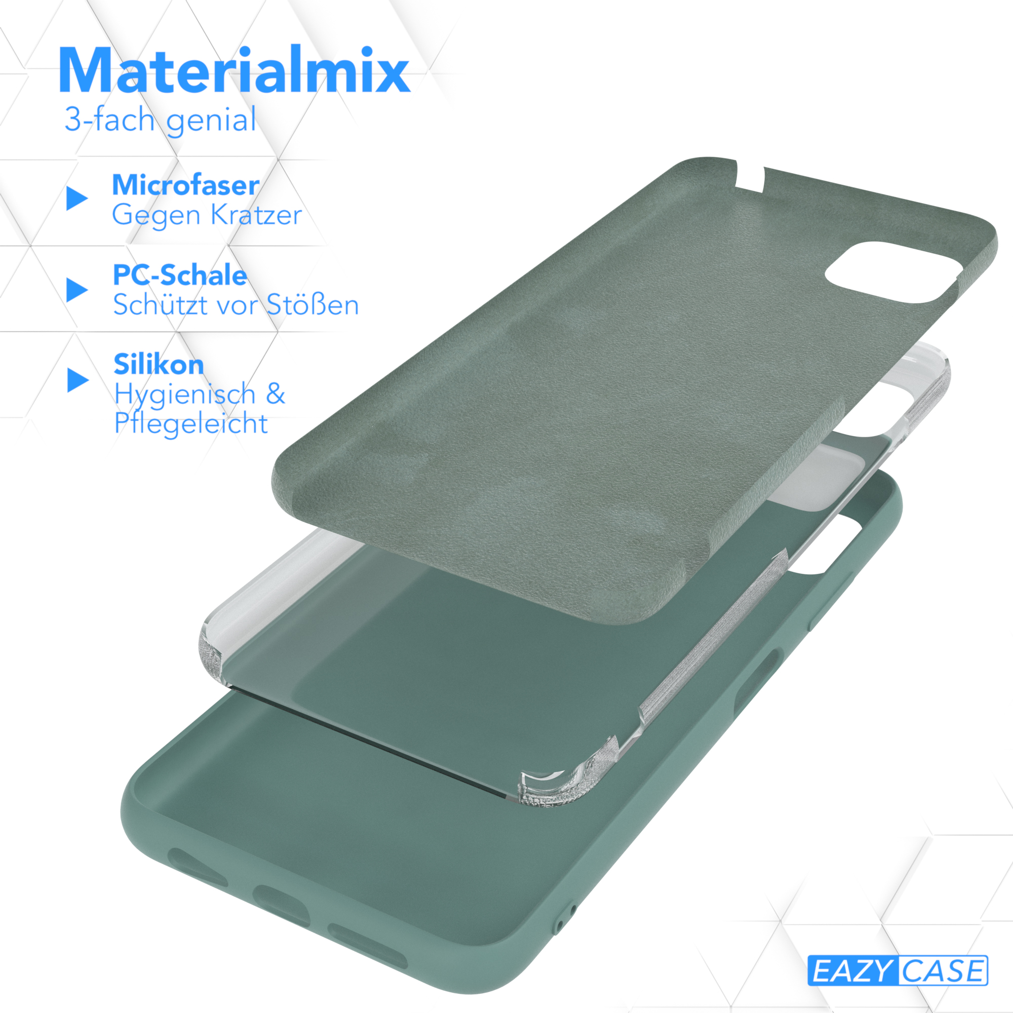 Handyhüllen-Schichten in Grün. Mikrofaser, PC-Schale und Silikon. Produktinformationen.