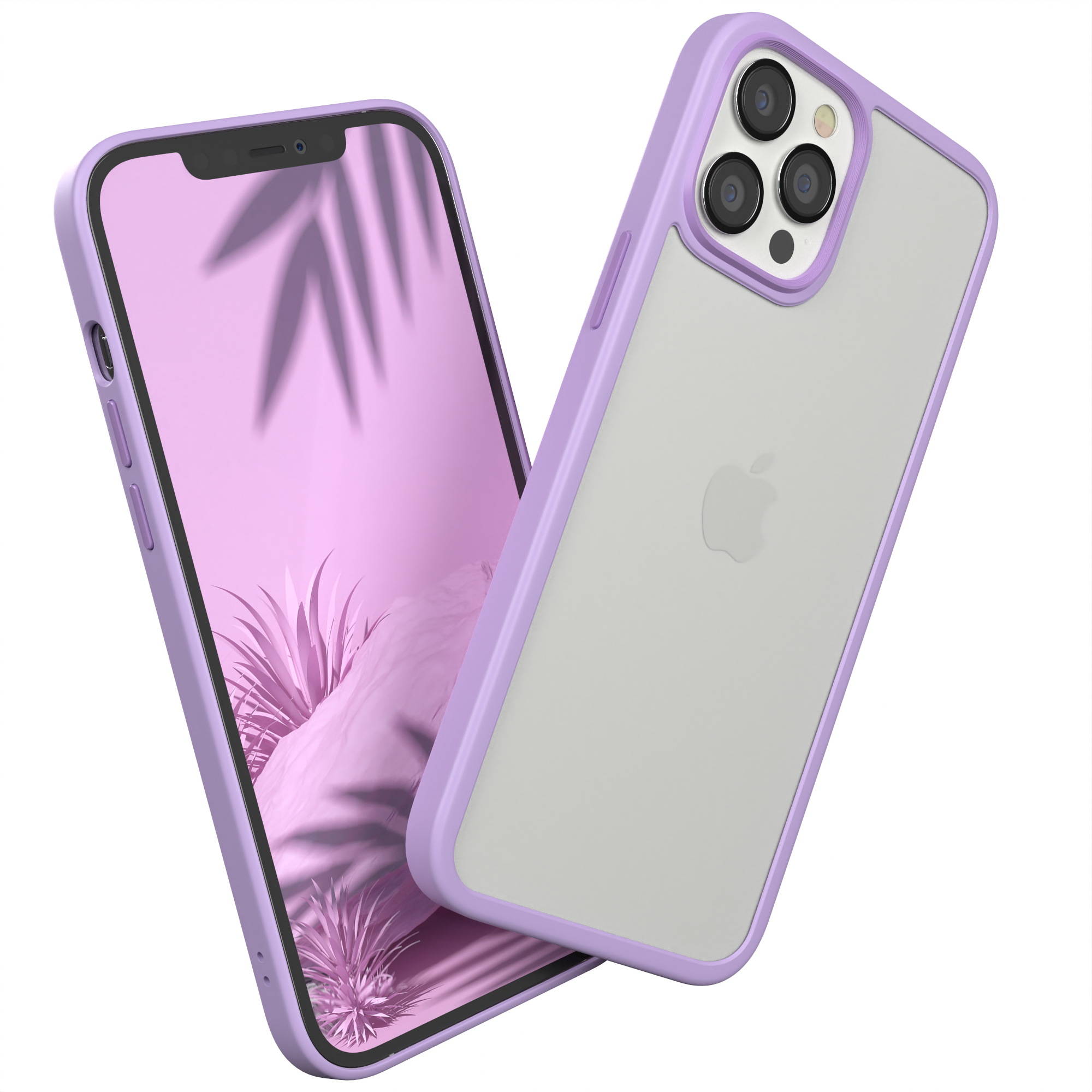 Handyhülle mit lila Rahmen. Telefon zeigt ein Blatt. Hülle rechts. Apple-Logo sichtbar.