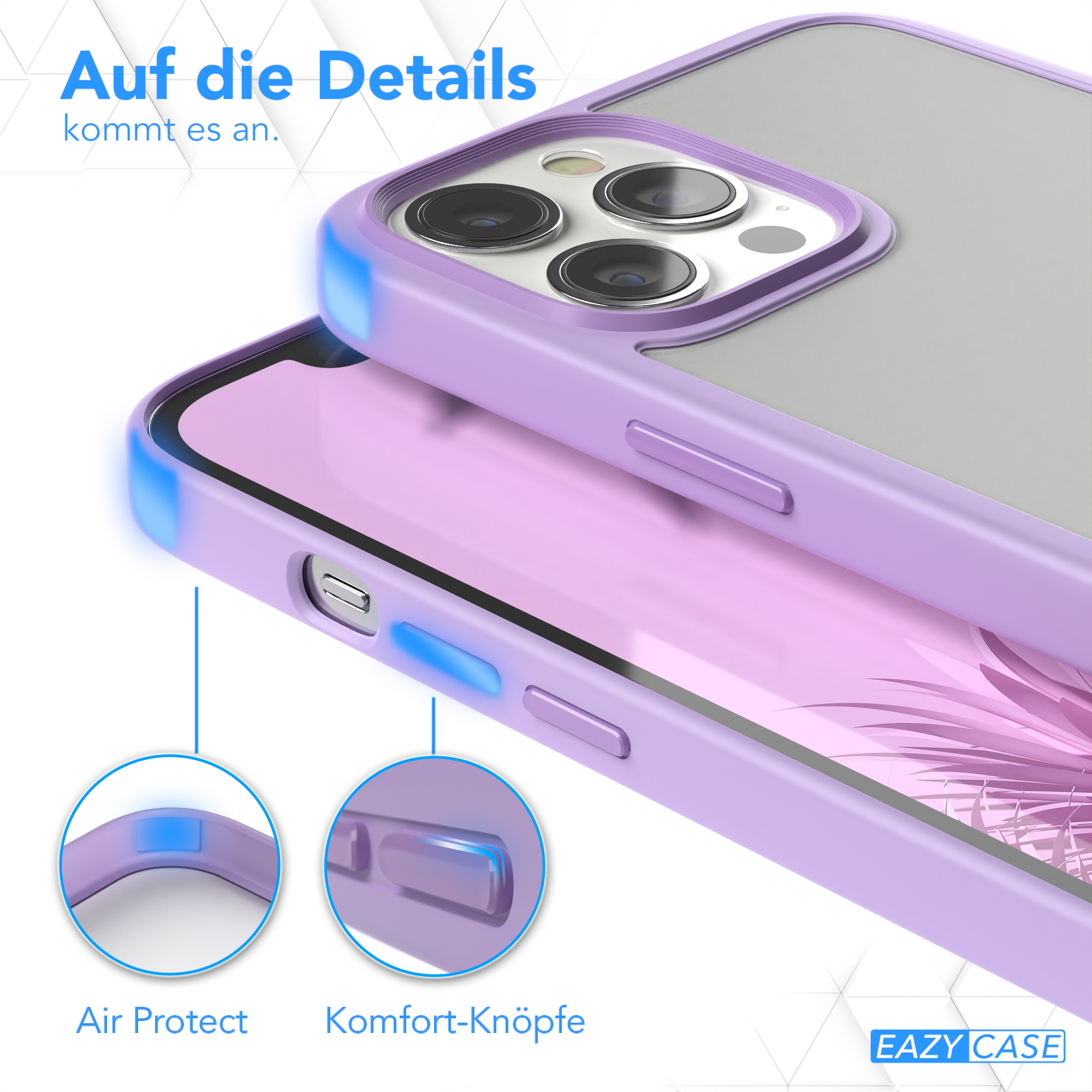Lila Handyhülle. Nahaufnahme eines Telefons in einer Hülle. Details zu Air Protect und Komfortknöpfen.