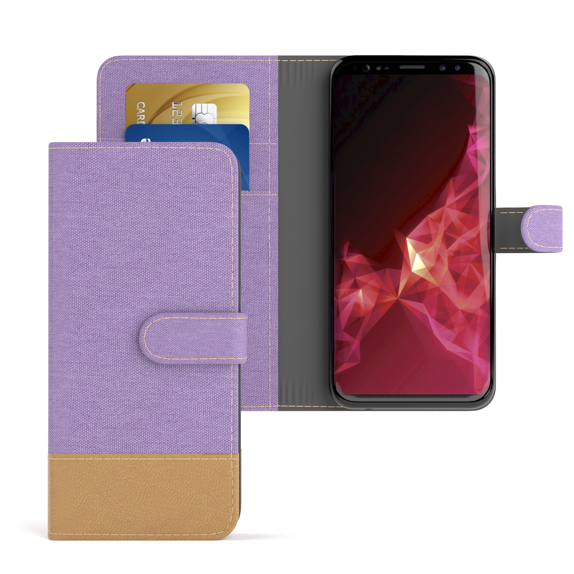 Lila-braune Handyhülle, offen. Der Bildschirm zeigt ein geometrisches Design. Weißer Hintergrund.
