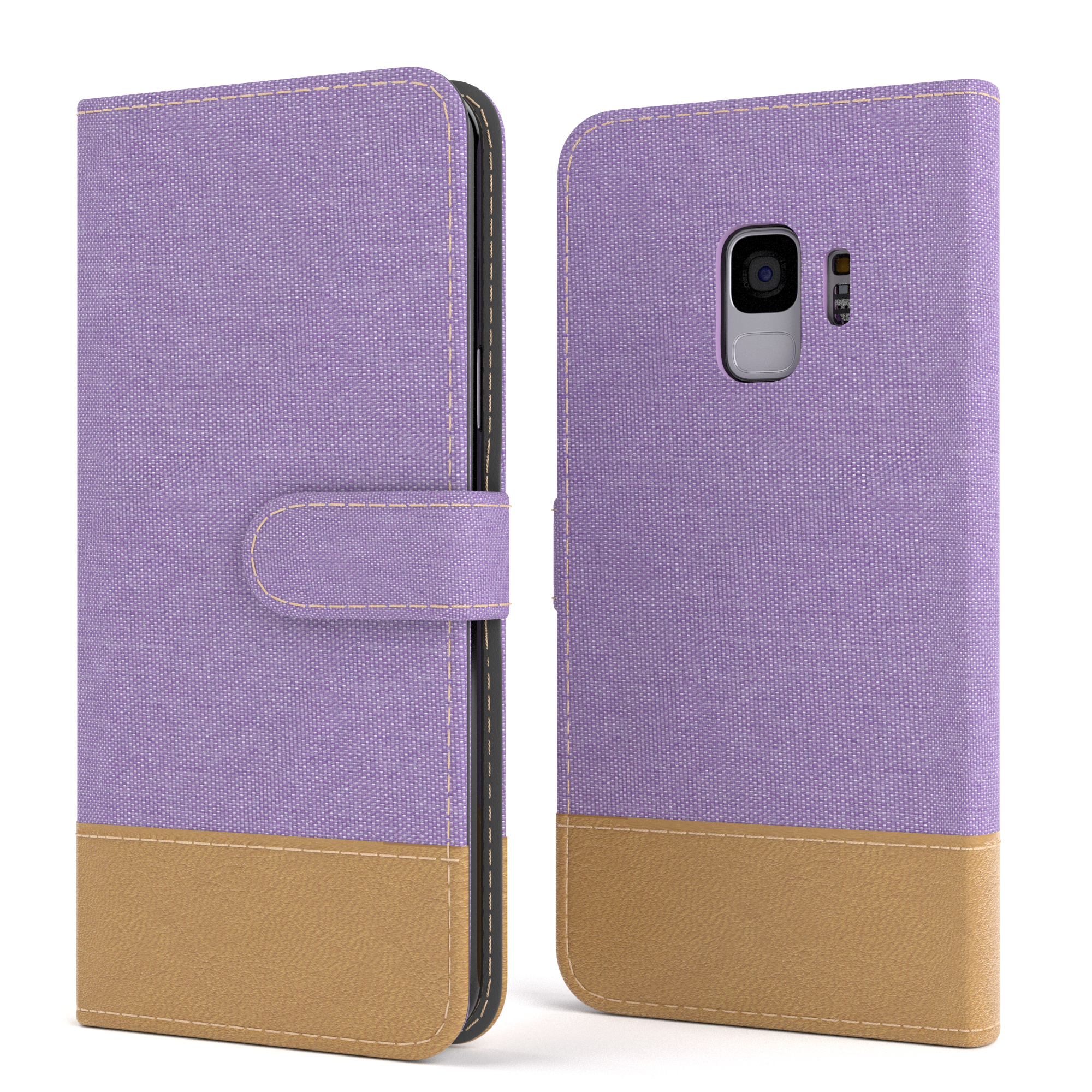 Lila und beige Handyhülle, geschlossen und offen, mit Canvas-Textur und braunem Lederboden.