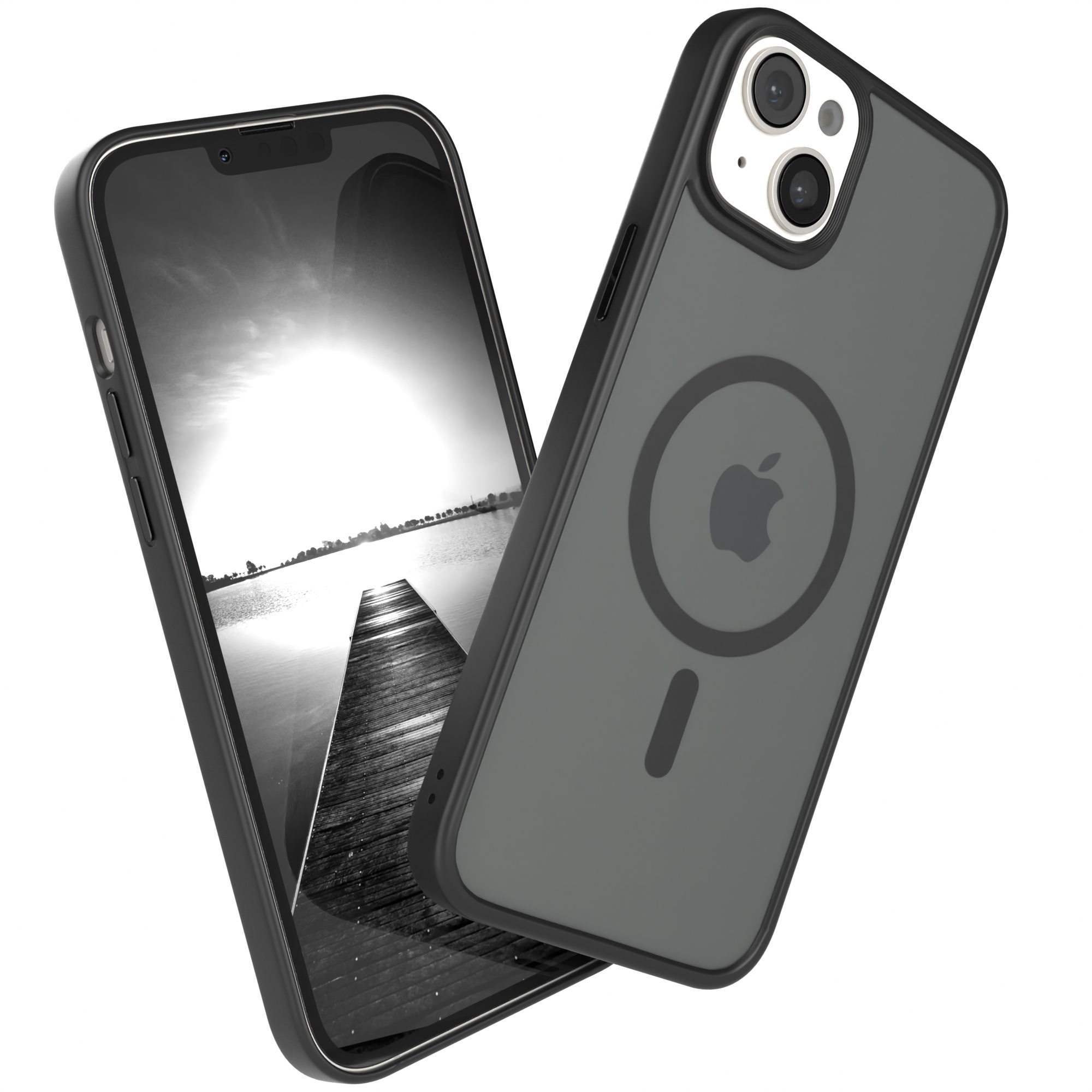 Schwarze und graue Handyhülle mit einem Telefon darin. Die Hülle ist offen und zeigt den Bildschirm.