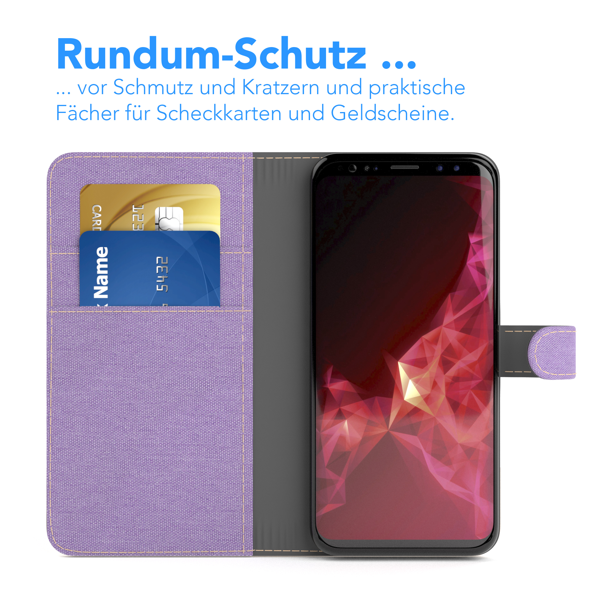 Geöffnete Handyhülle mit Kreditkarten und Telefon; lila Außenbereich mit Magnetverschluss.