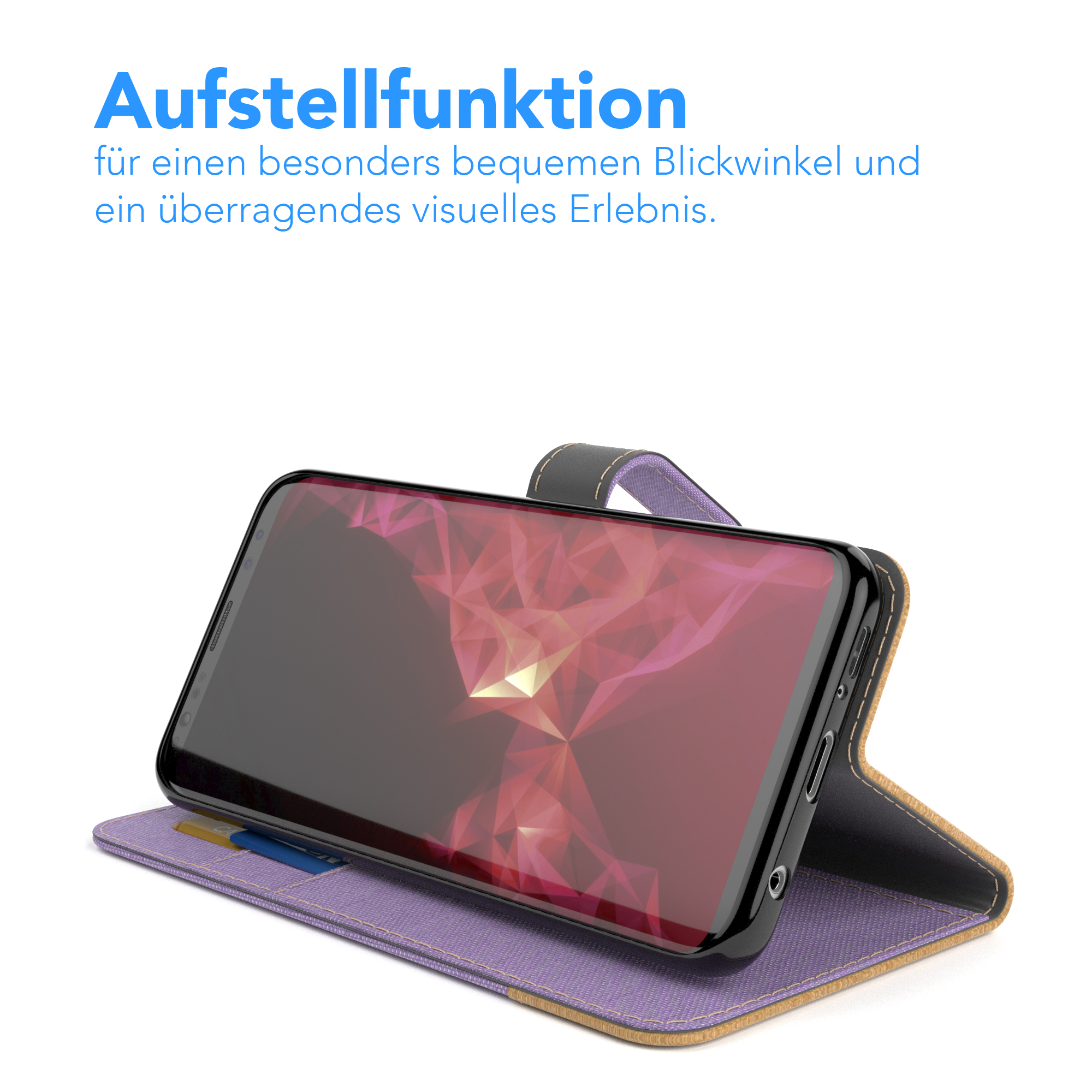 Ein Smartphone in einer Hülle. Der Bildschirm ist sichtbar. Text steht oben.