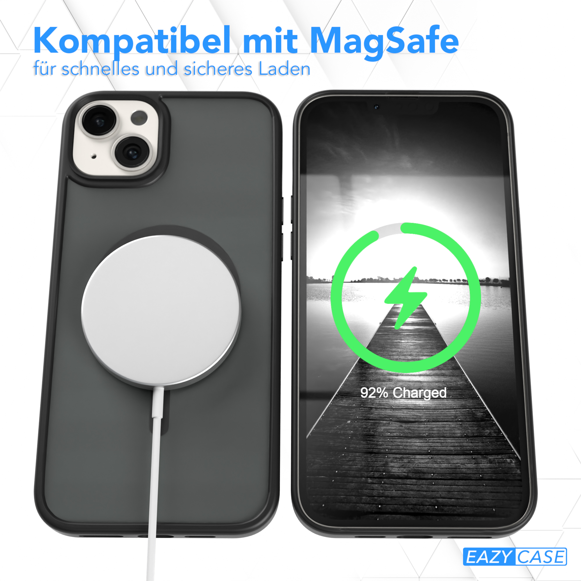 Ein schwarzes Telefon, das mit einem weißen kreisförmigen Ladegerät geladen wird. Das Telefon zeigt ein Ladesymbol.