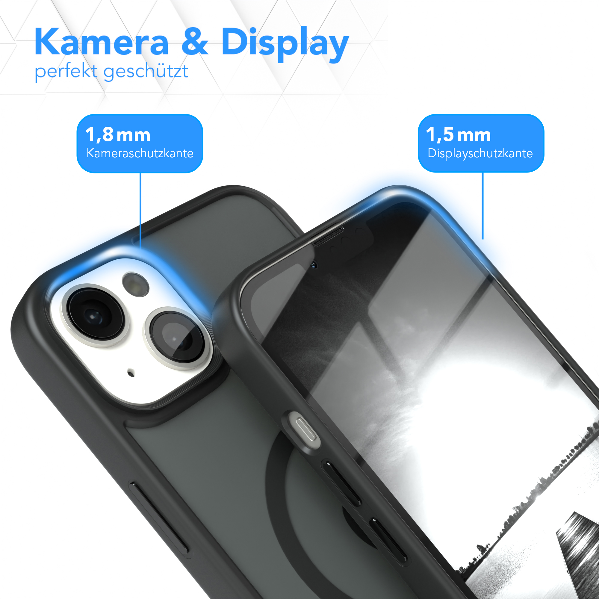 Handyhülle mit Kamera- und Displayschutz. Text 'Kamera & Display'.