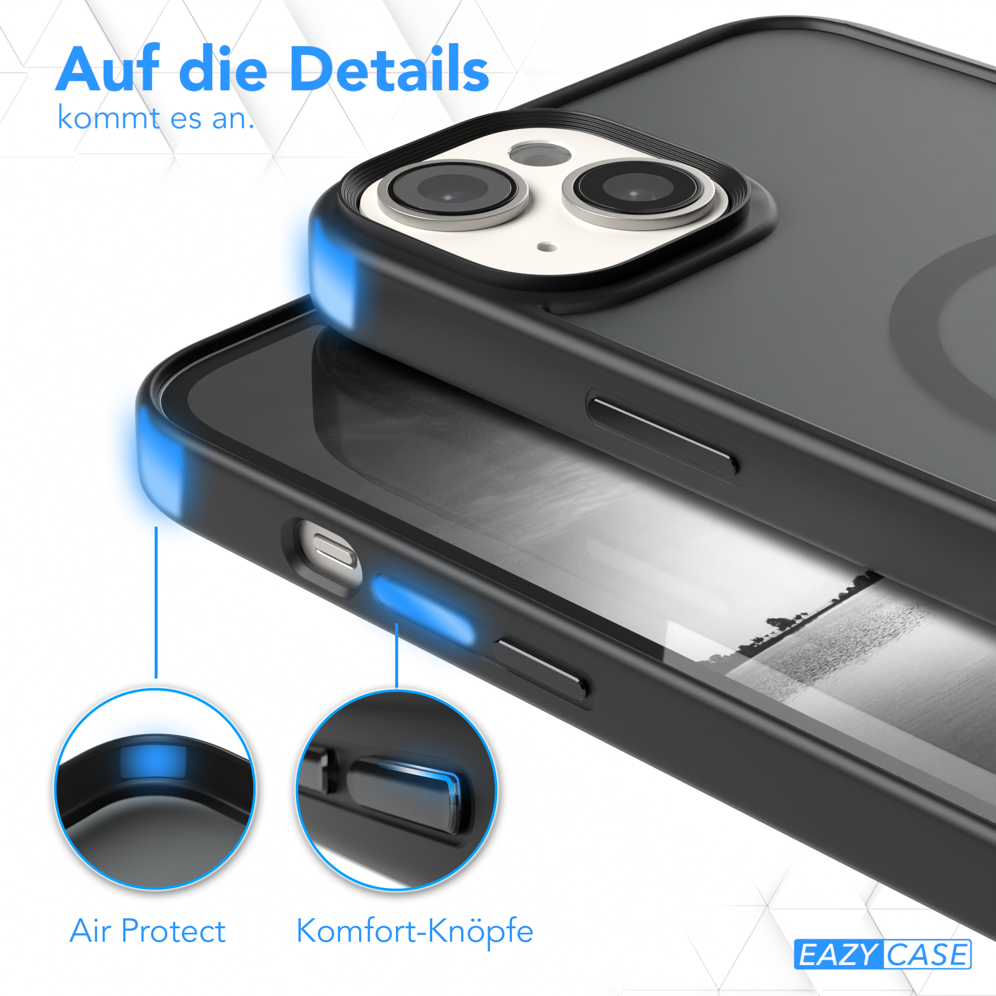 Schwarze Handyhülle mit blauen Akzenten. Text lautet 'Air Protect' und 'Komfort-Tasten'.