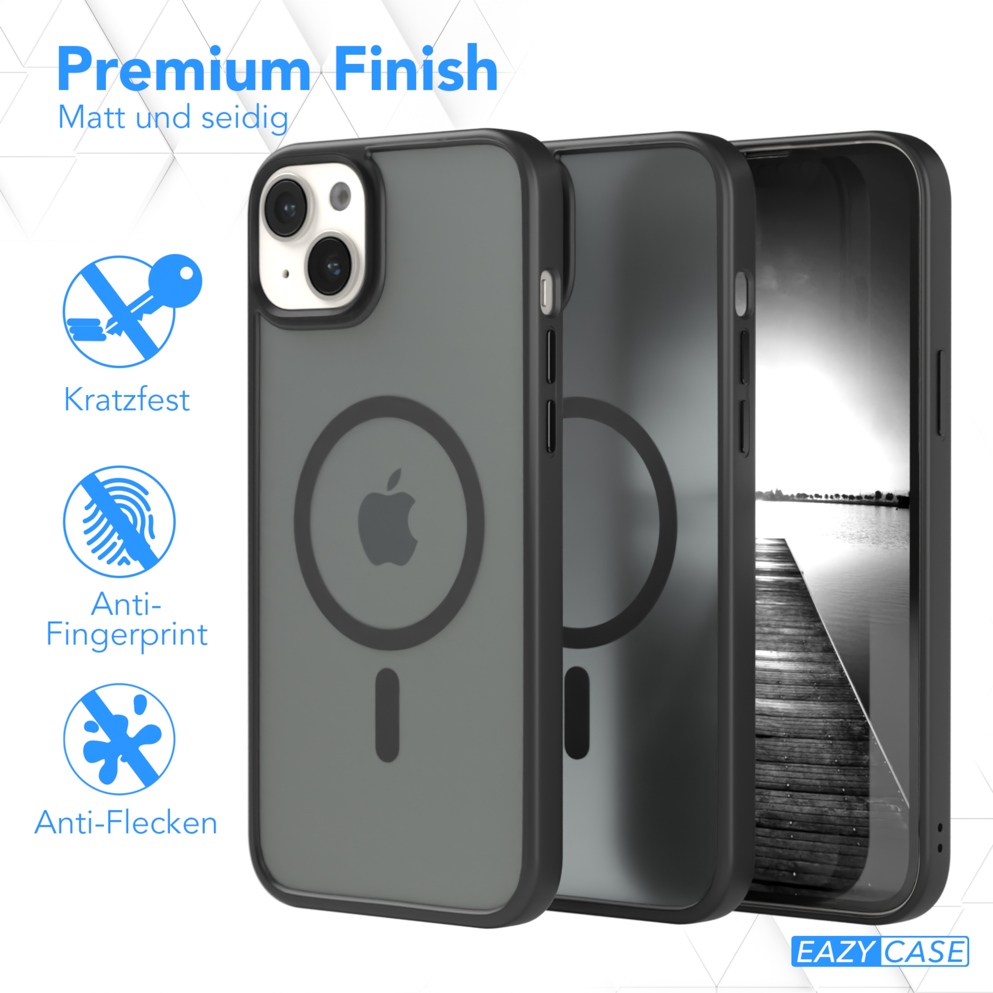 Handyhülle mit Apple-Logo, schwarz und grau, mit Schlüssel-, Fingerabdruck- und Anti-Flecken-Symbolen.