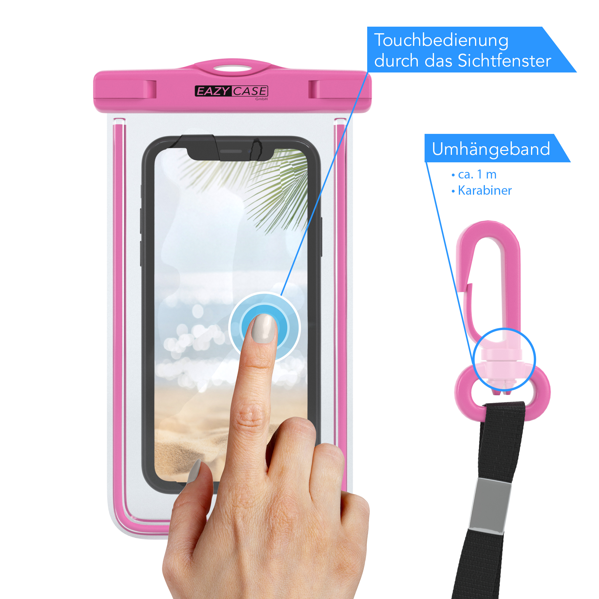 Eine Hand berührt einen Telefonbildschirm in einer pinkfarbenen, wasserdichten Hülle. Ein Umhängeband ist befestigt.