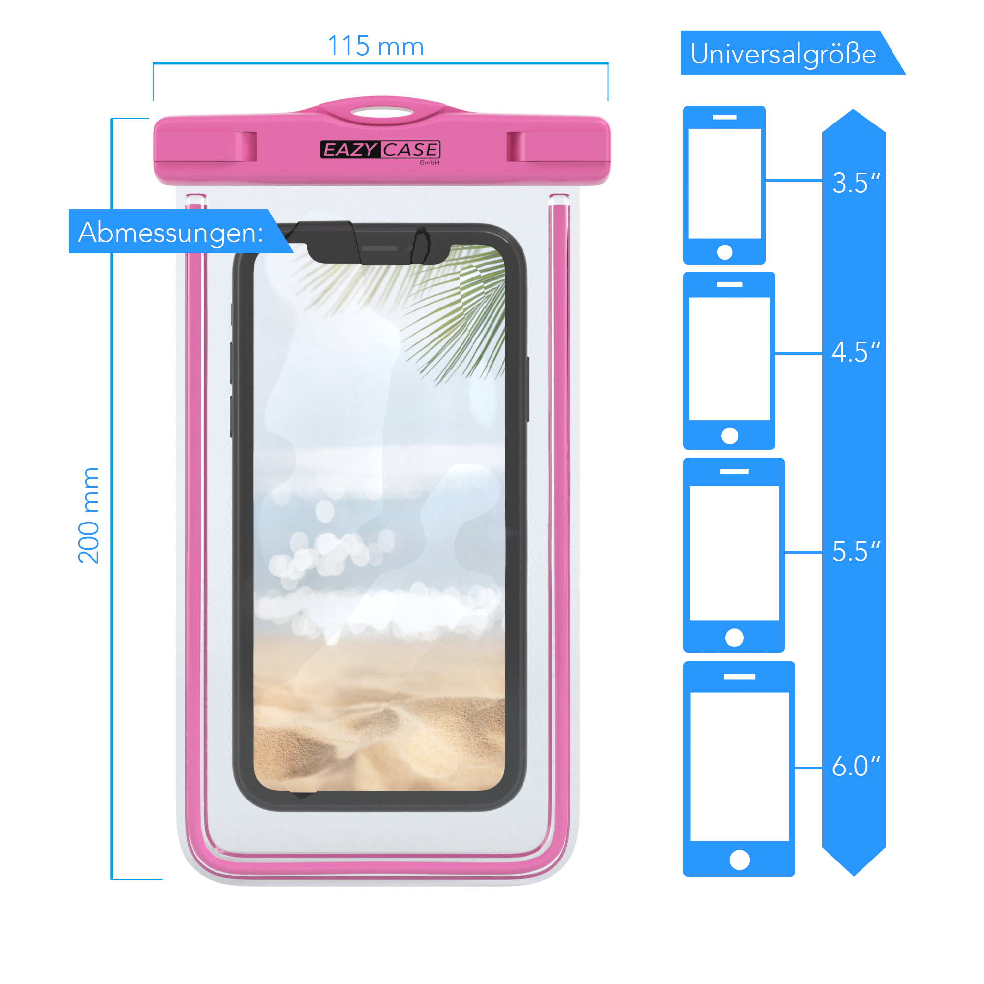 Eine rosa Handyhülle mit einem Telefon darin und Abmessungen auf der linken Seite. Universelle Größe steht auf der rechten Seite.