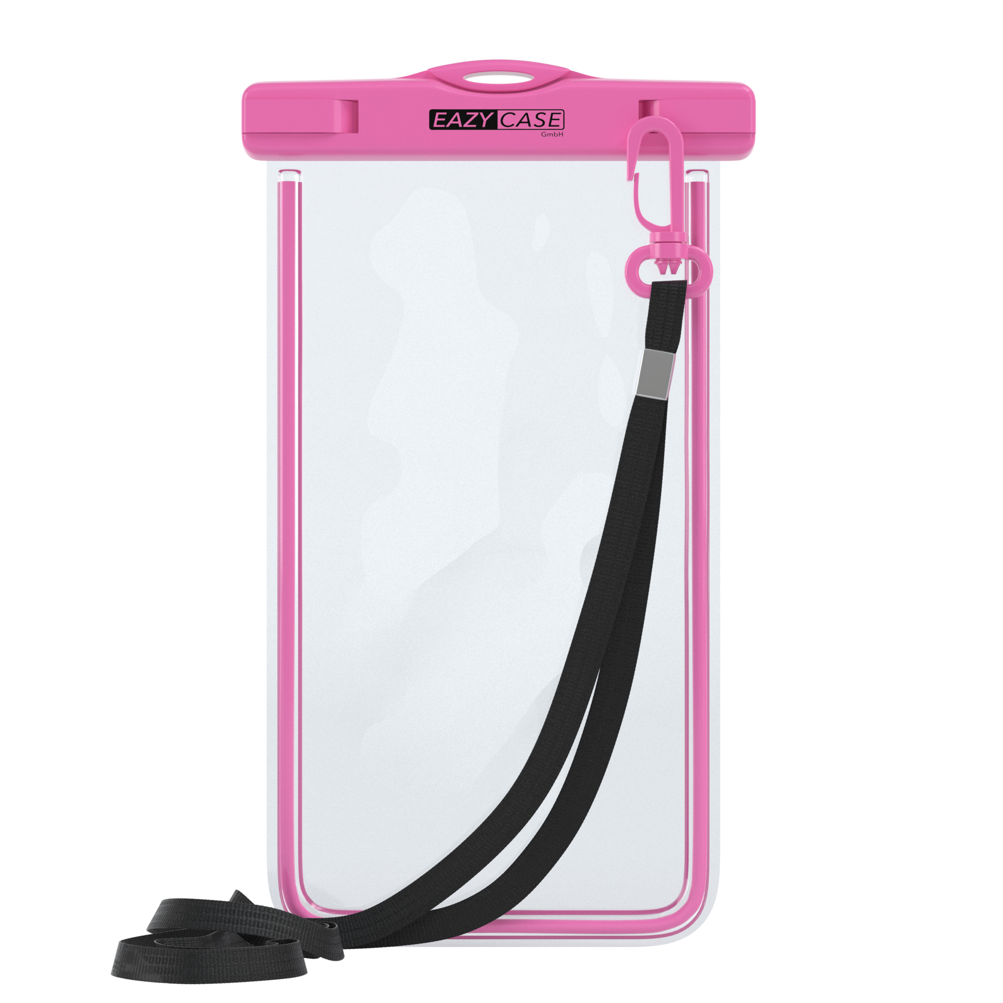 Eine pinkfarbene, wasserdichte Handyhülle mit schwarzem Riemen. Die Hülle ist verschlossen.