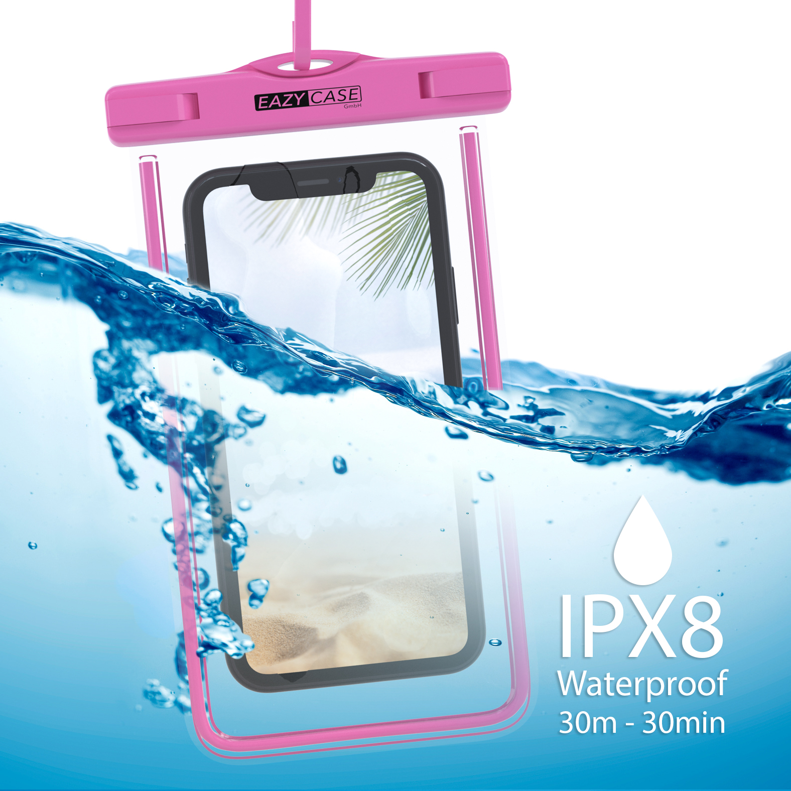 Ein Telefon in einer wasserdichten Hülle ist in Wasser getaucht. Die Hülle ist rosa.