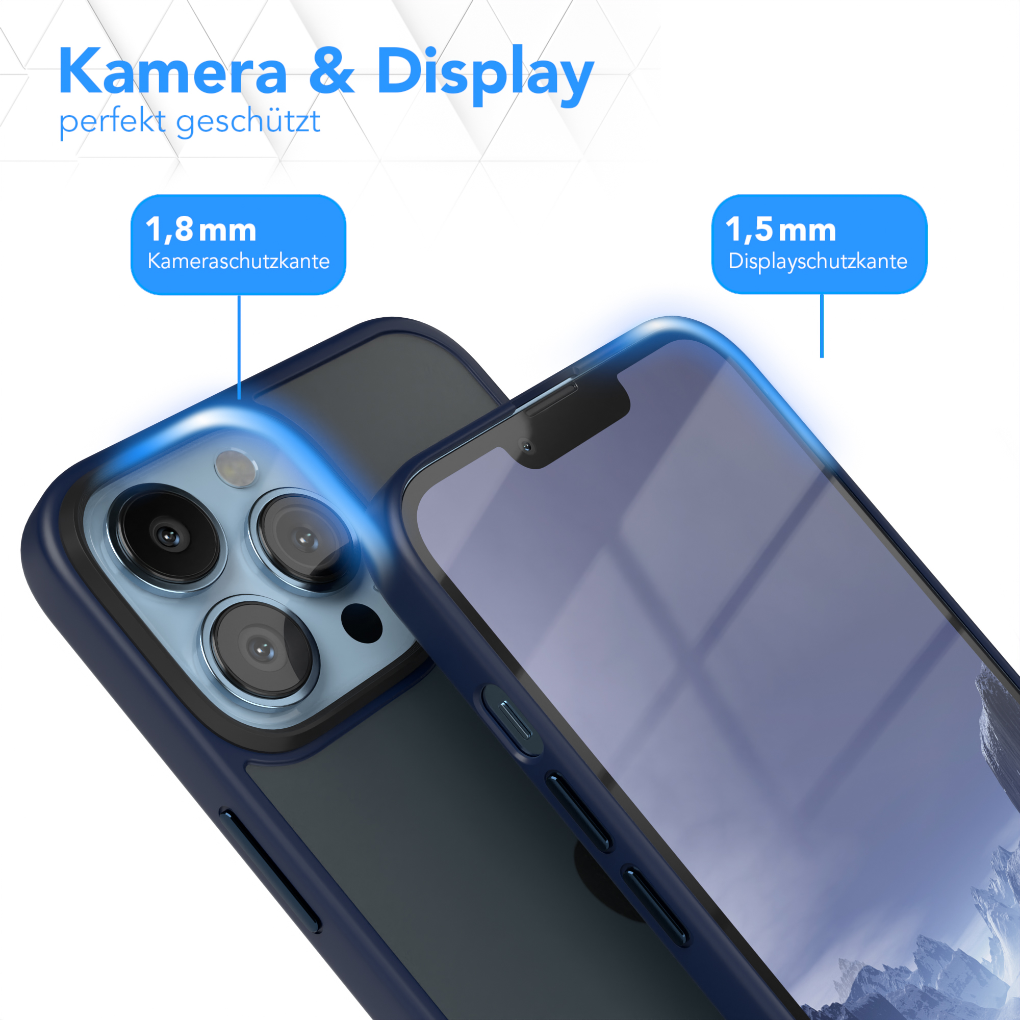 Handyhülle mit Kamera- und Bildschirmschutz auf blauem Case mit Text.