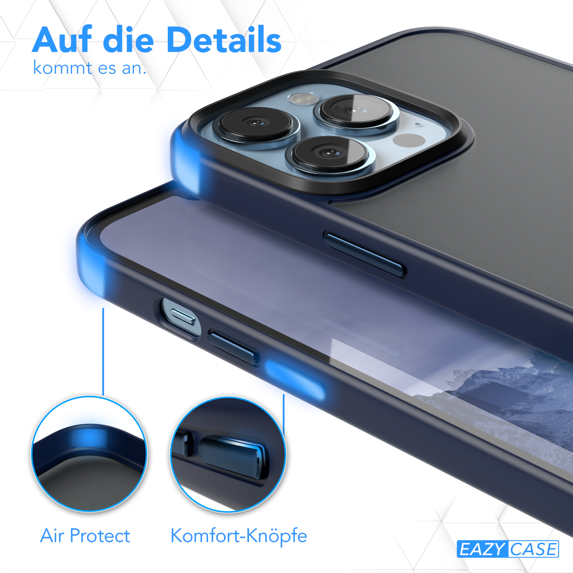 Nahaufnahme einer Handyhülle. Sie hat einen blauen Rand, ein Kameraloch und Knöpfe.