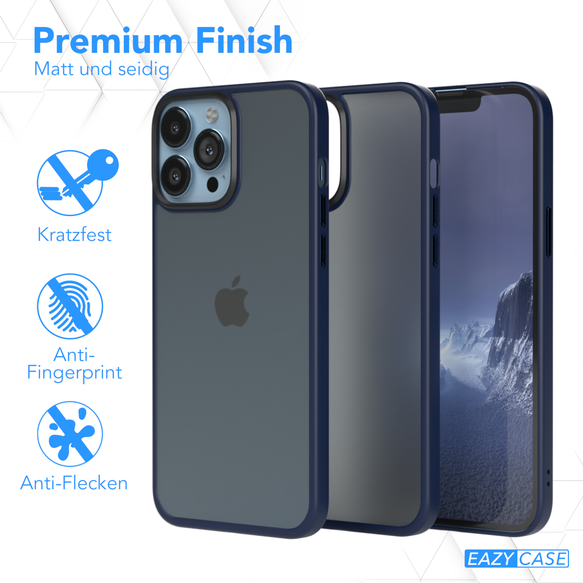 Drei Handyhüllen. Eine ist auf einem Telefon. Alle sind dunkelblau. Der Hintergrund ist weiß.