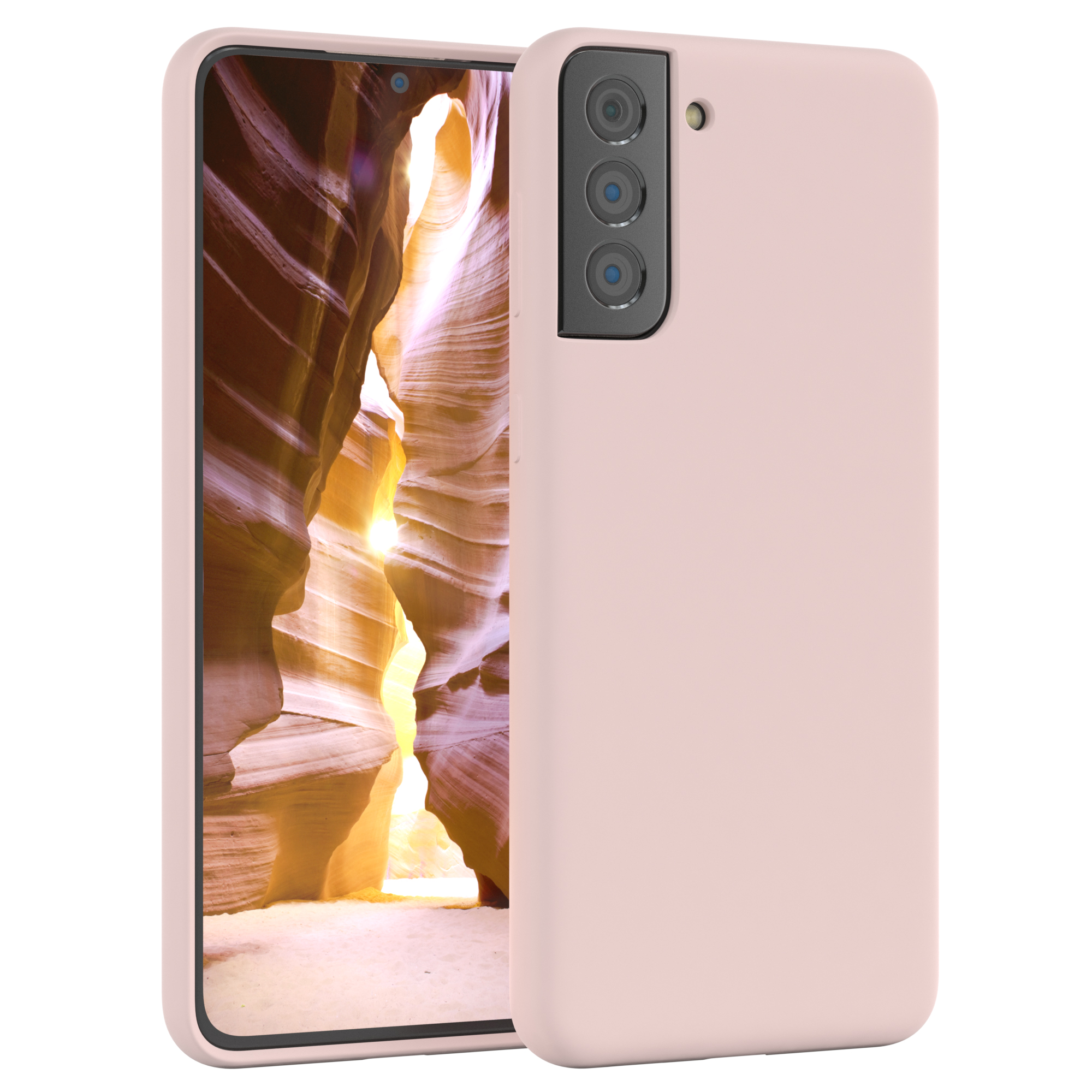 Rosa Telefon mit rosa Hülle. Weißer Hintergrund. Drei Kameralinsen. Telefon ist offen.