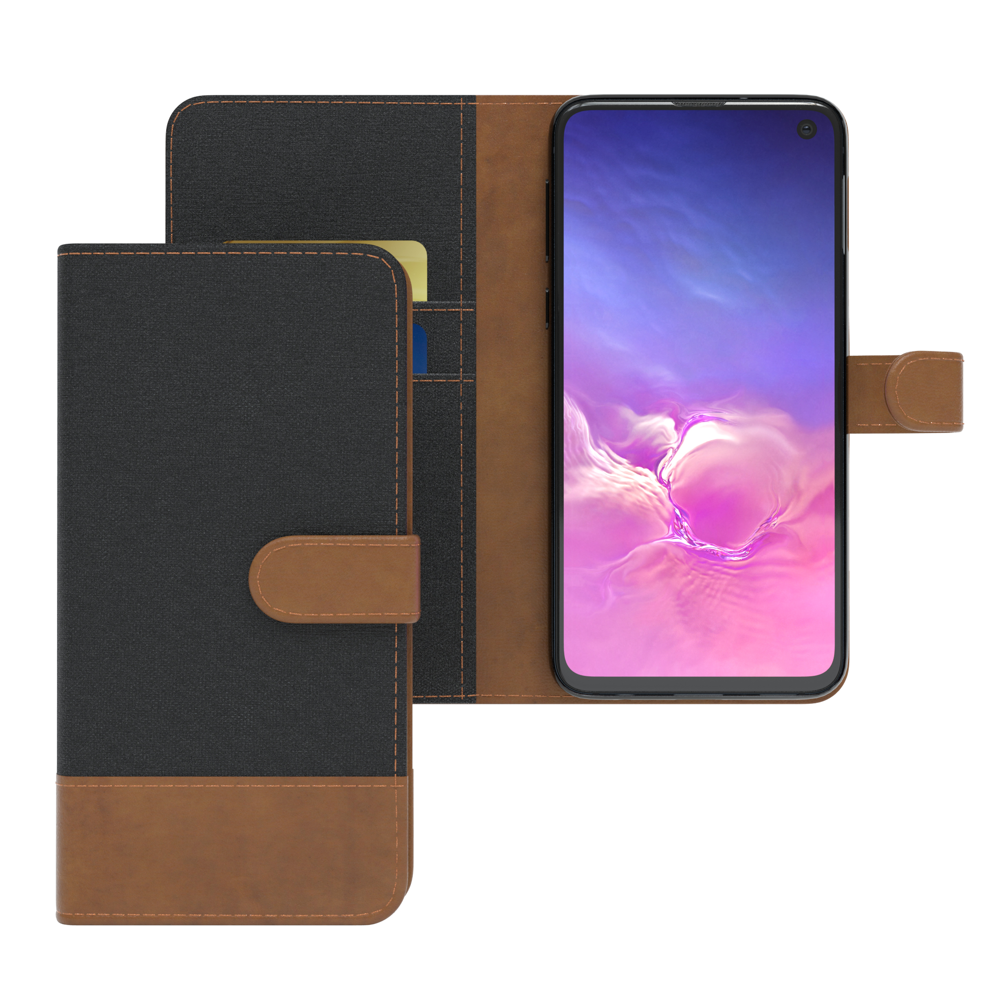 Telefon in einer Hülle. Die Hülle ist schwarz und braun, mit einem Telefon darin.
