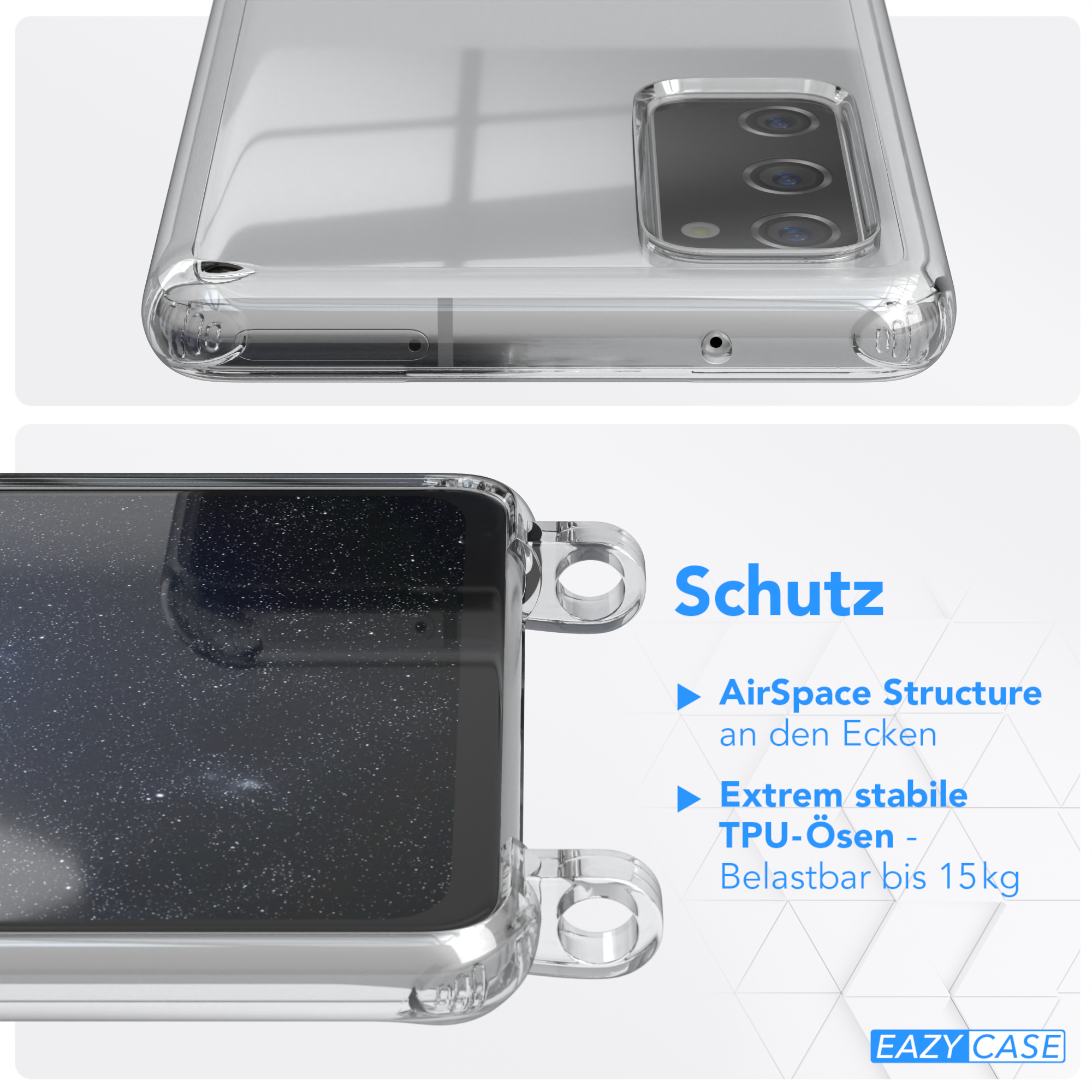 Transparente Handyhülle, mit Text zum Schutz: AirSpace Structure, stabile TPU-Ösen.