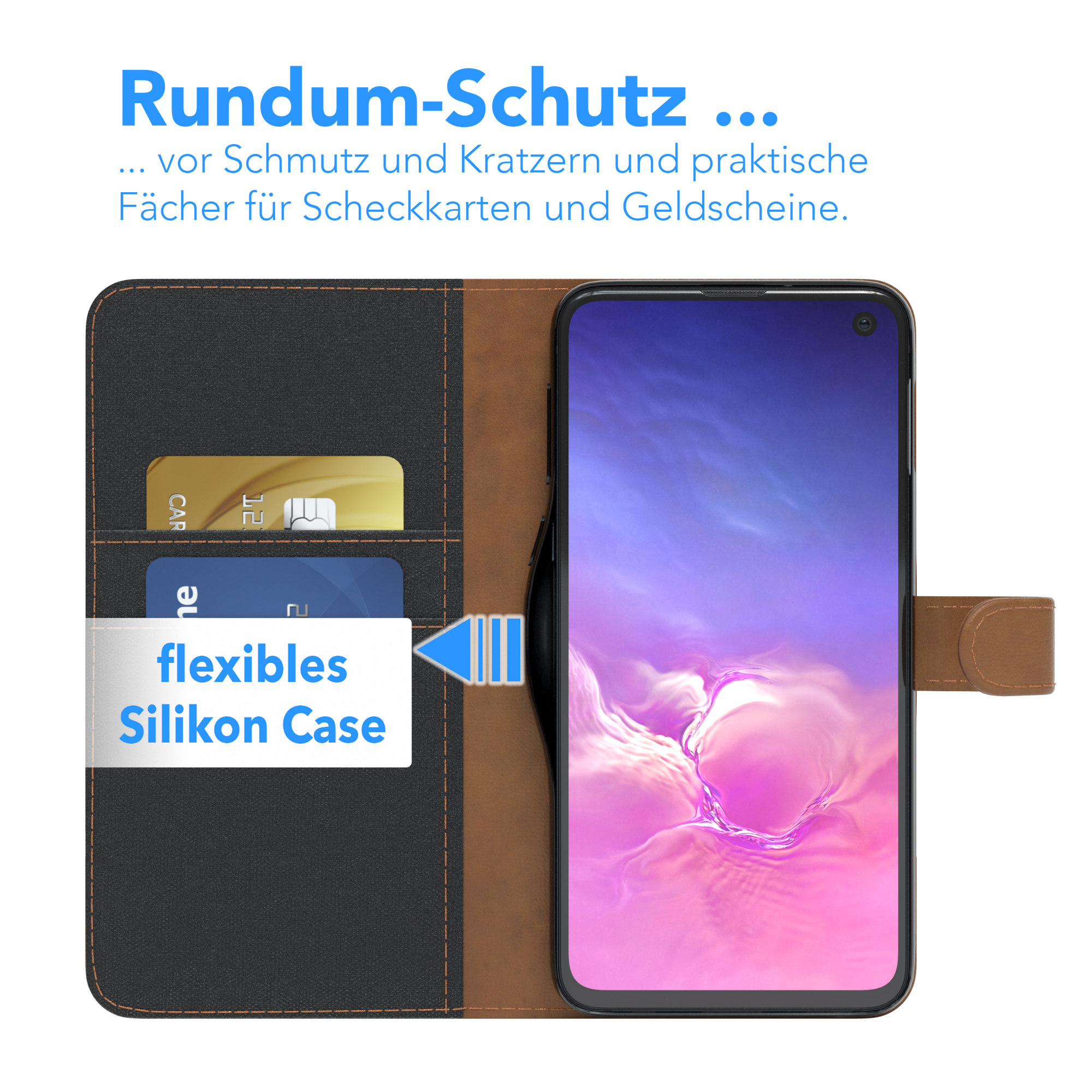 Telefon im Case mit Karten, Text über Schutz, flexible Silikonhülle und Kartenfächer.
