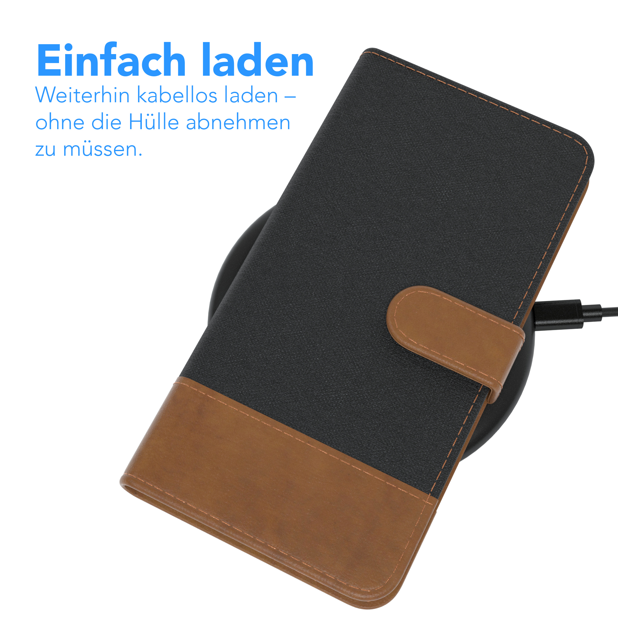 Telefon in Hülle lädt auf kabellosem Ladepad. Text: Einfach laden.